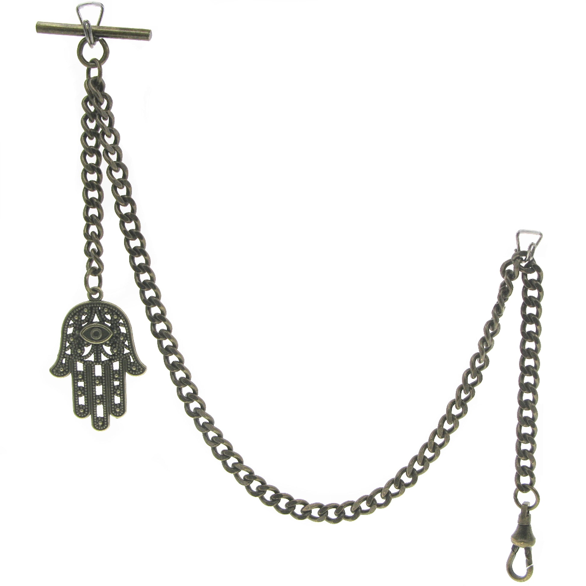 watchvshop Albert Chain Bronze Color Pocket Watch Chain Fob Chain with Hamsa Hand of Fatima Medal Fob T Bar Swivel Clasp AC216
