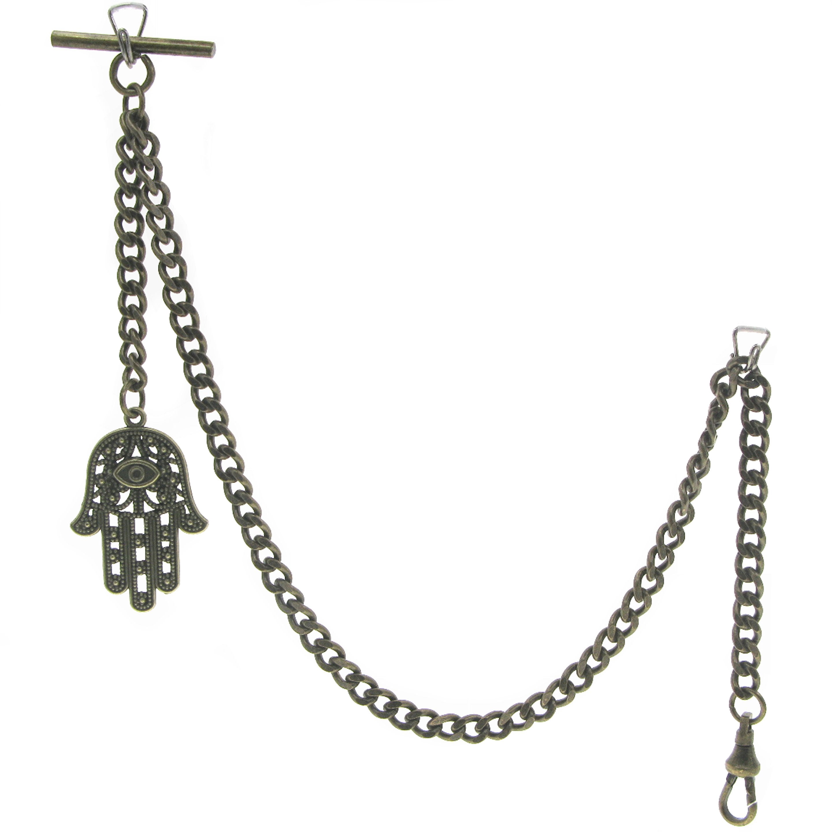 watchvshop Albert Chain Bronze Color Pocket Watch Chain Fob Chain with Hamsa Hand of Fatima Medal Fob T Bar Swivel Clasp AC216