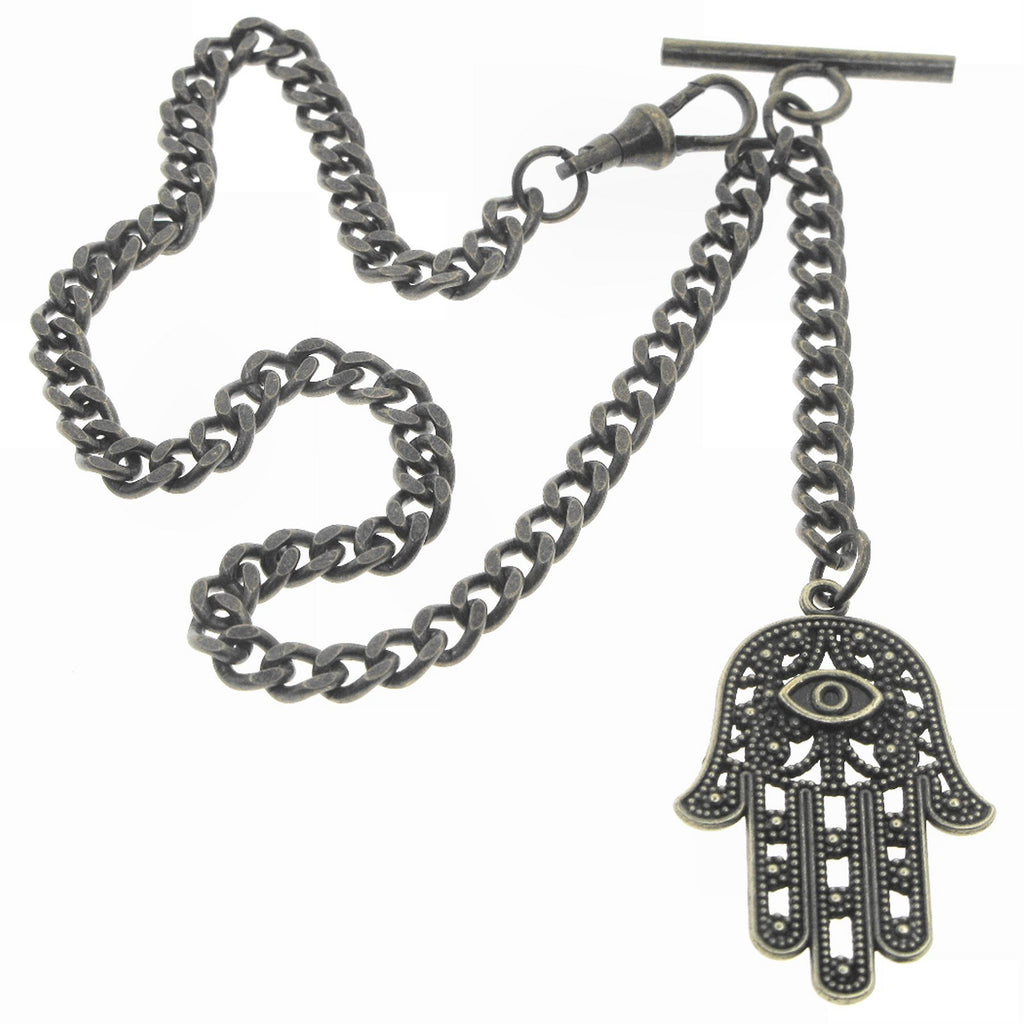 watchvshop Albert Chain Bronze Color Pocket Watch Chain Fob Chain with Hamsa Hand of Fatima Medal Fob T Bar Swivel Clasp AC216