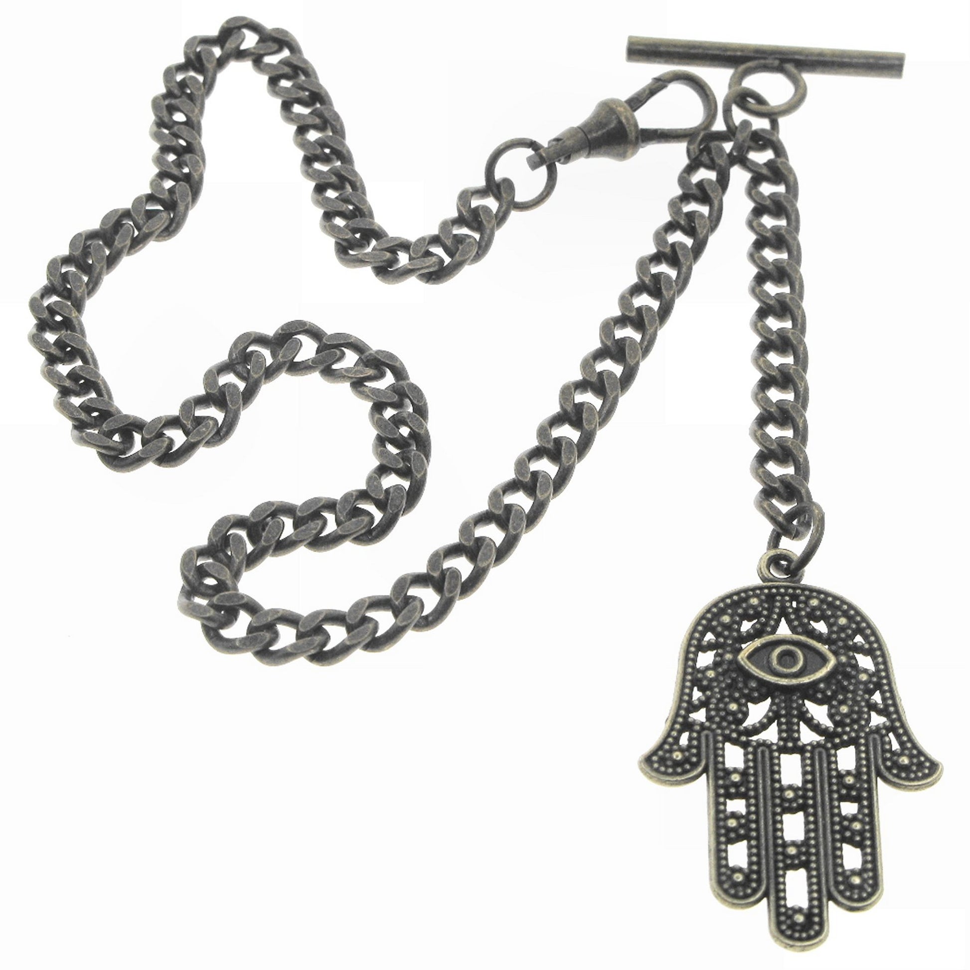 watchvshop Albert Chain Bronze Color Pocket Watch Chain Fob Chain with Hamsa Hand of Fatima Medal Fob T Bar Swivel Clasp AC216