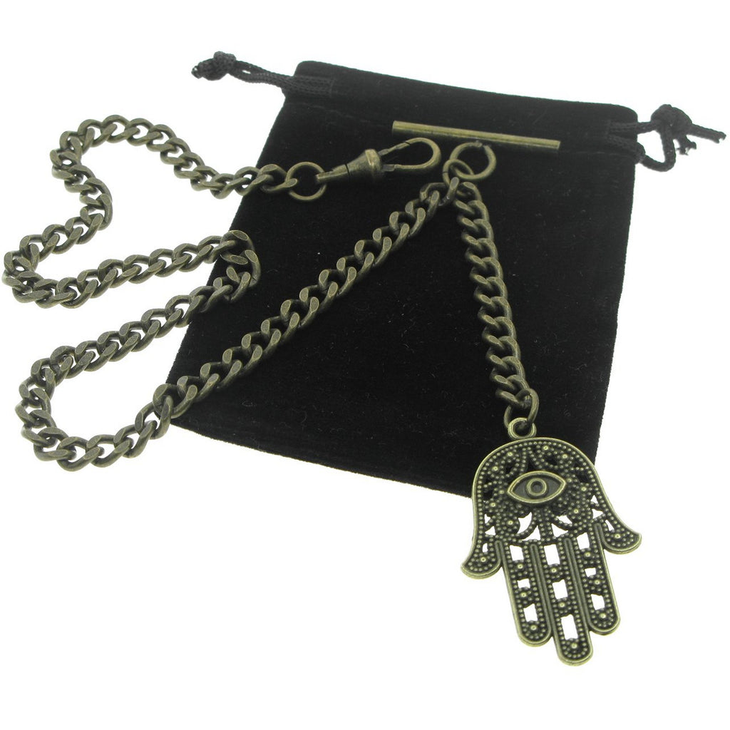 watchvshop Albert Chain Bronze Color Pocket Watch Chain Fob Chain with Hamsa Hand of Fatima Medal Fob T Bar Swivel Clasp AC216