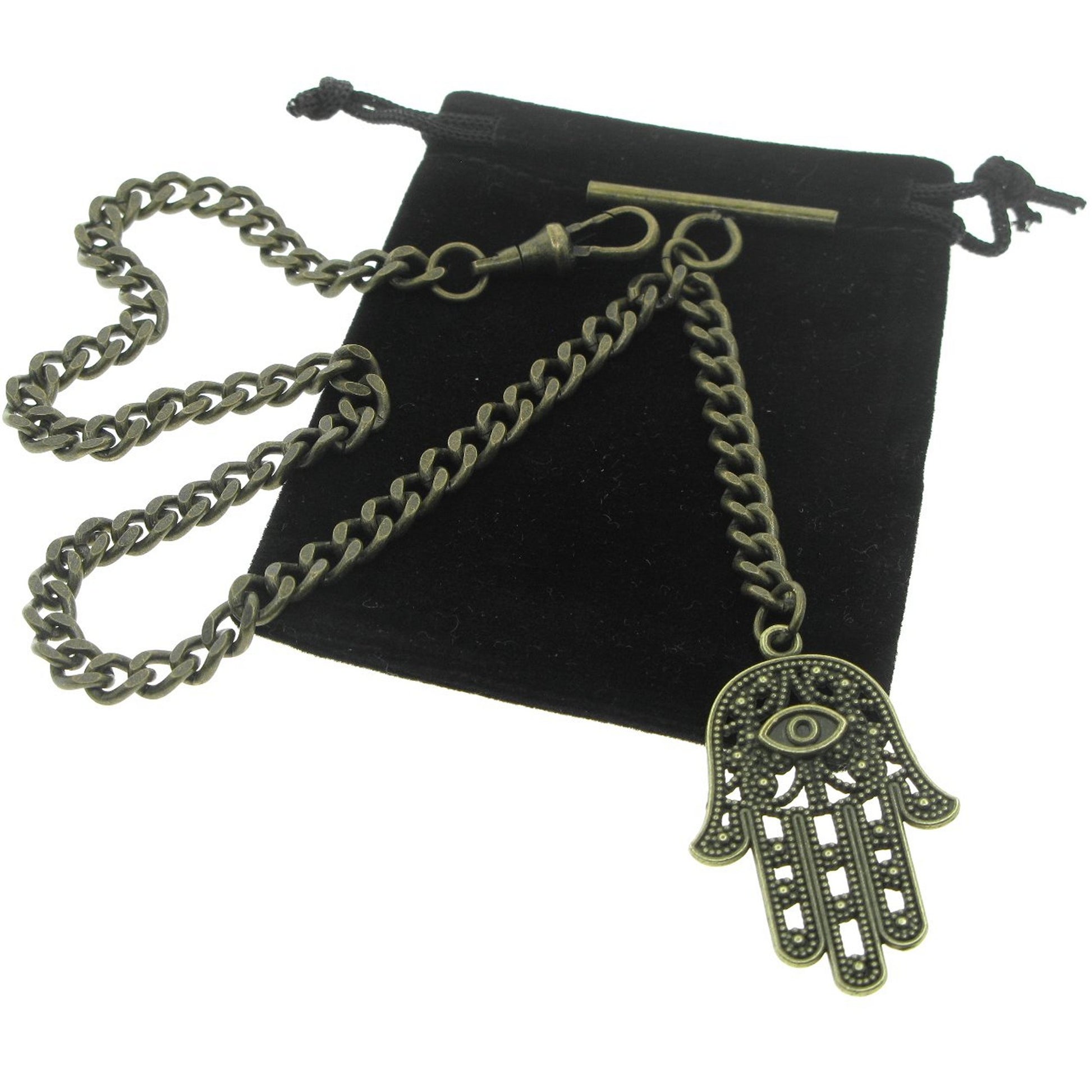 watchvshop Albert Chain Bronze Color Pocket Watch Chain Fob Chain with Hamsa Hand of Fatima Medal Fob T Bar Swivel Clasp AC216