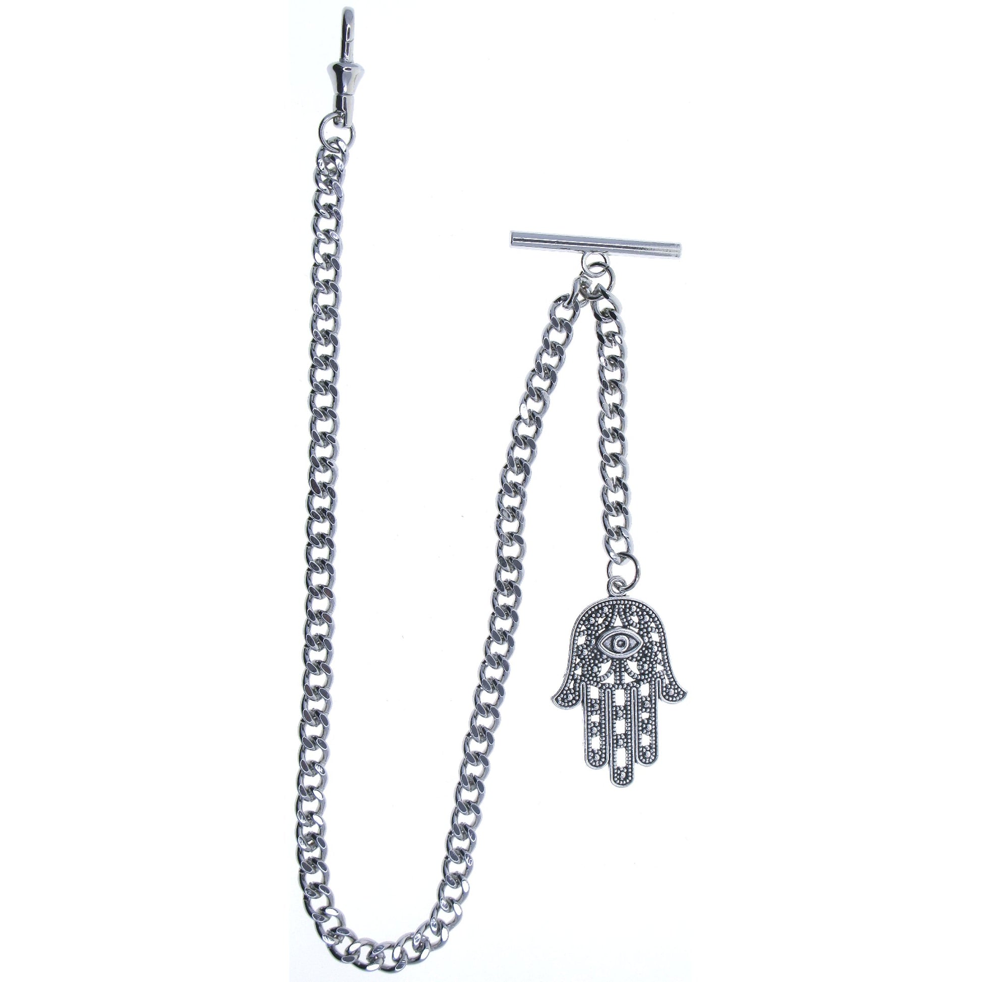 watchvshop Albert Chain Silver Color Pocket Watch Fob with Hamsa Hand of Fatima Design Medal T Bar Swivel Clasp AC217