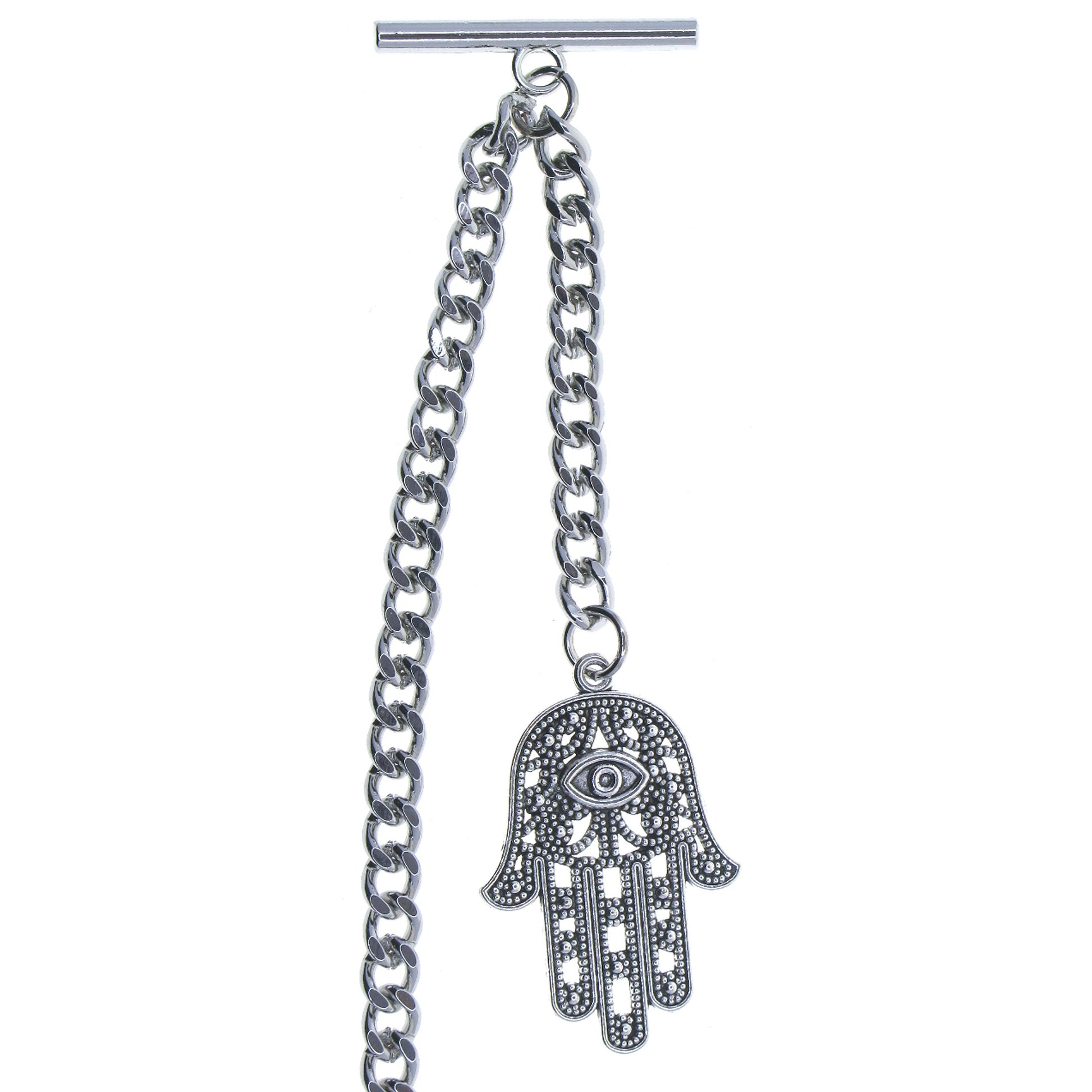 watchvshop Albert Chain Silver Color Pocket Watch Fob with Hamsa Hand of Fatima Design Medal T Bar Swivel Clasp AC217