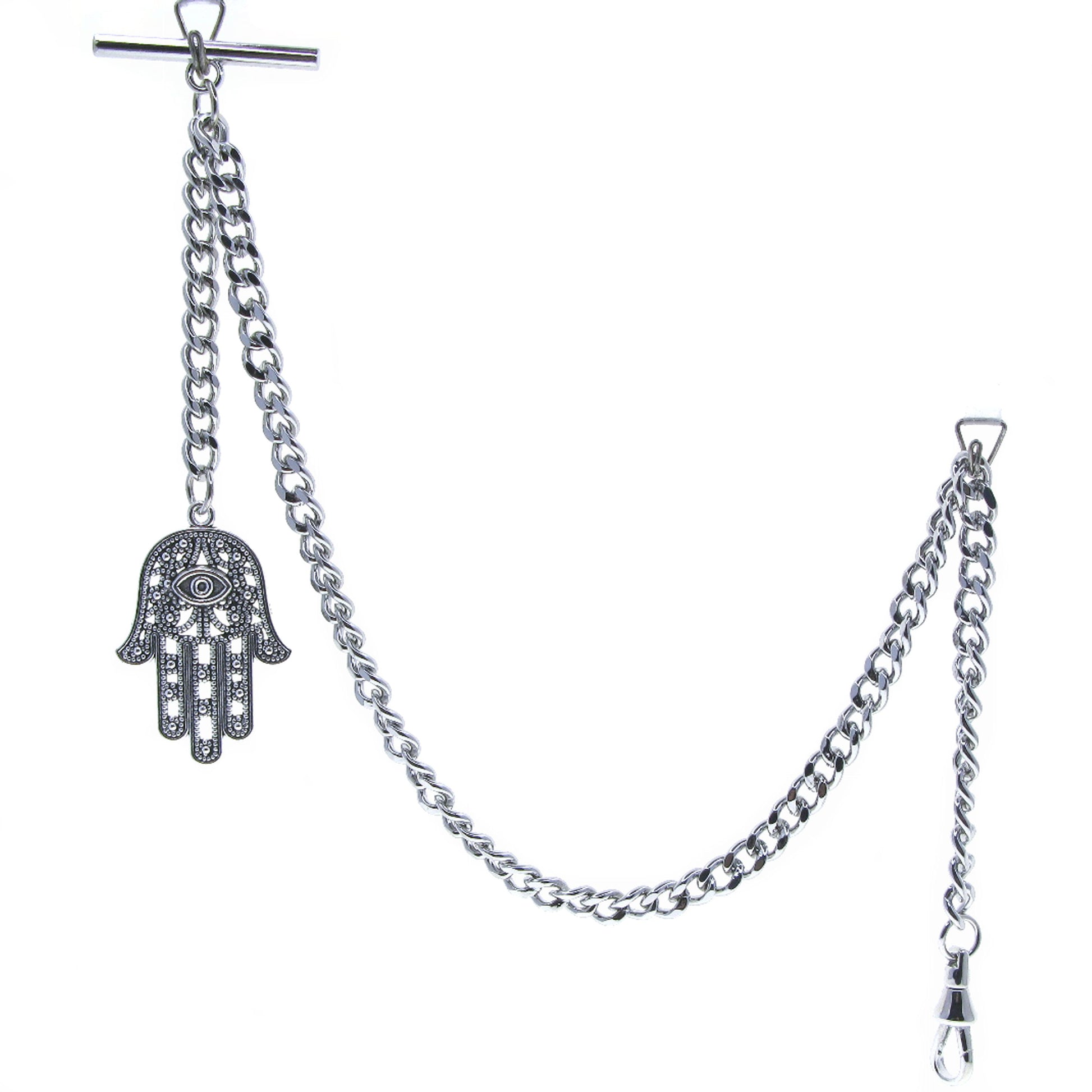 watchvshop Albert Chain Silver Color Pocket Watch Fob with Hamsa Hand of Fatima Design Medal T Bar Swivel Clasp AC217