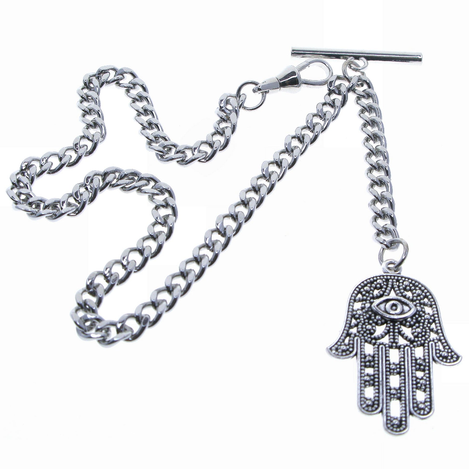 watchvshop Albert Chain Silver Color Pocket Watch Fob with Hamsa Hand of Fatima Design Medal T Bar Swivel Clasp AC217