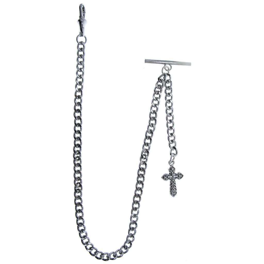 watchvshop Albert Chain Silver Color Pocket Watch Chain Fob Chain with Cross Design Medal Fob and T Bar Swivel Clasp AC219