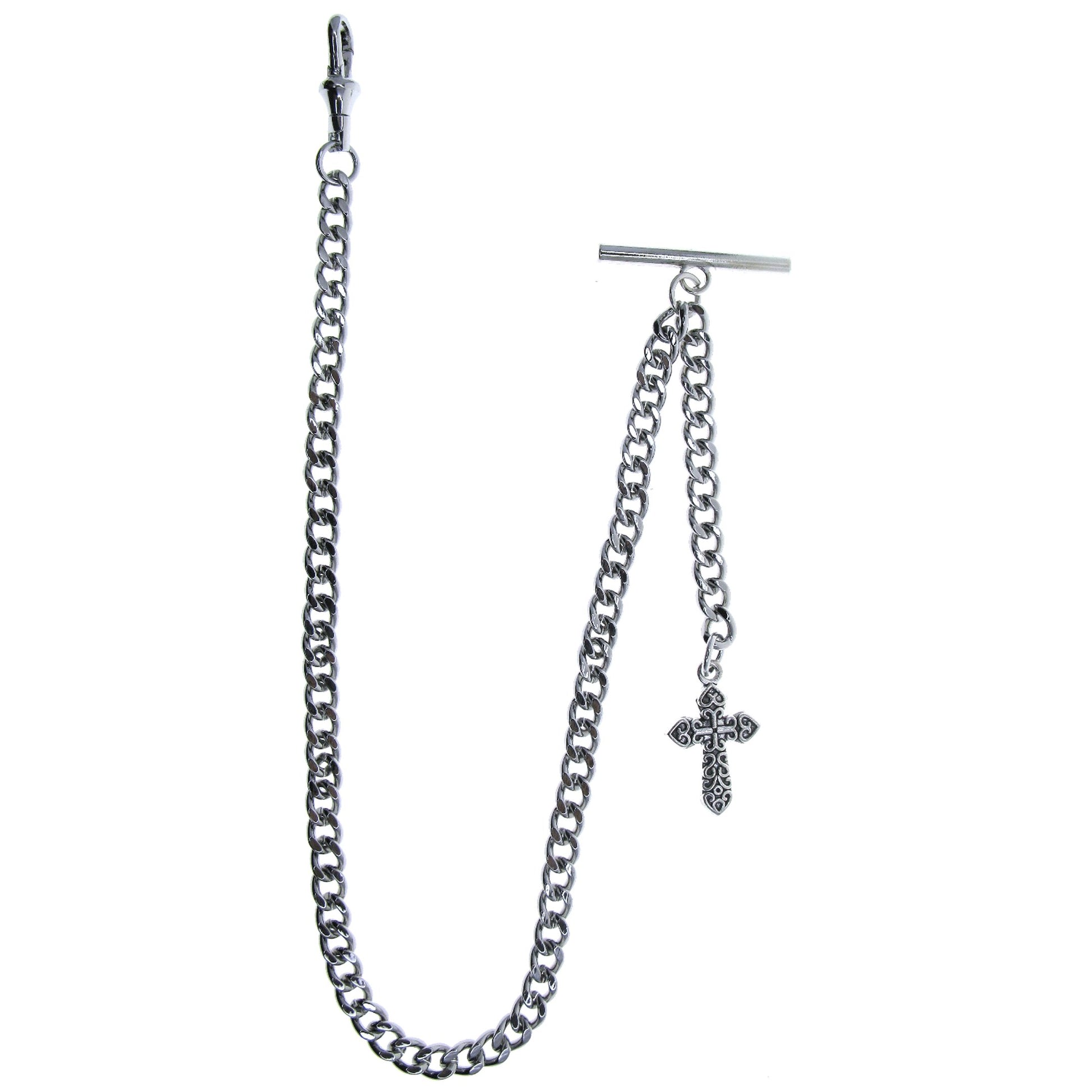 watchvshop Albert Chain Silver Color Pocket Watch Chain Fob Chain with Cross Design Medal Fob and T Bar Swivel Clasp AC219