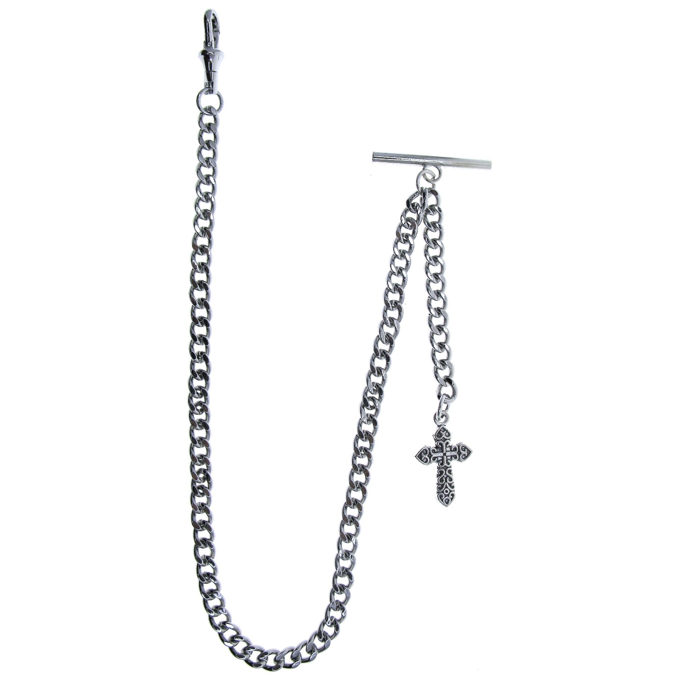 watchvshop Albert Chain Silver Color Pocket Watch Chain Fob Chain with Cross Design Medal Fob and T Bar Swivel Clasp AC219