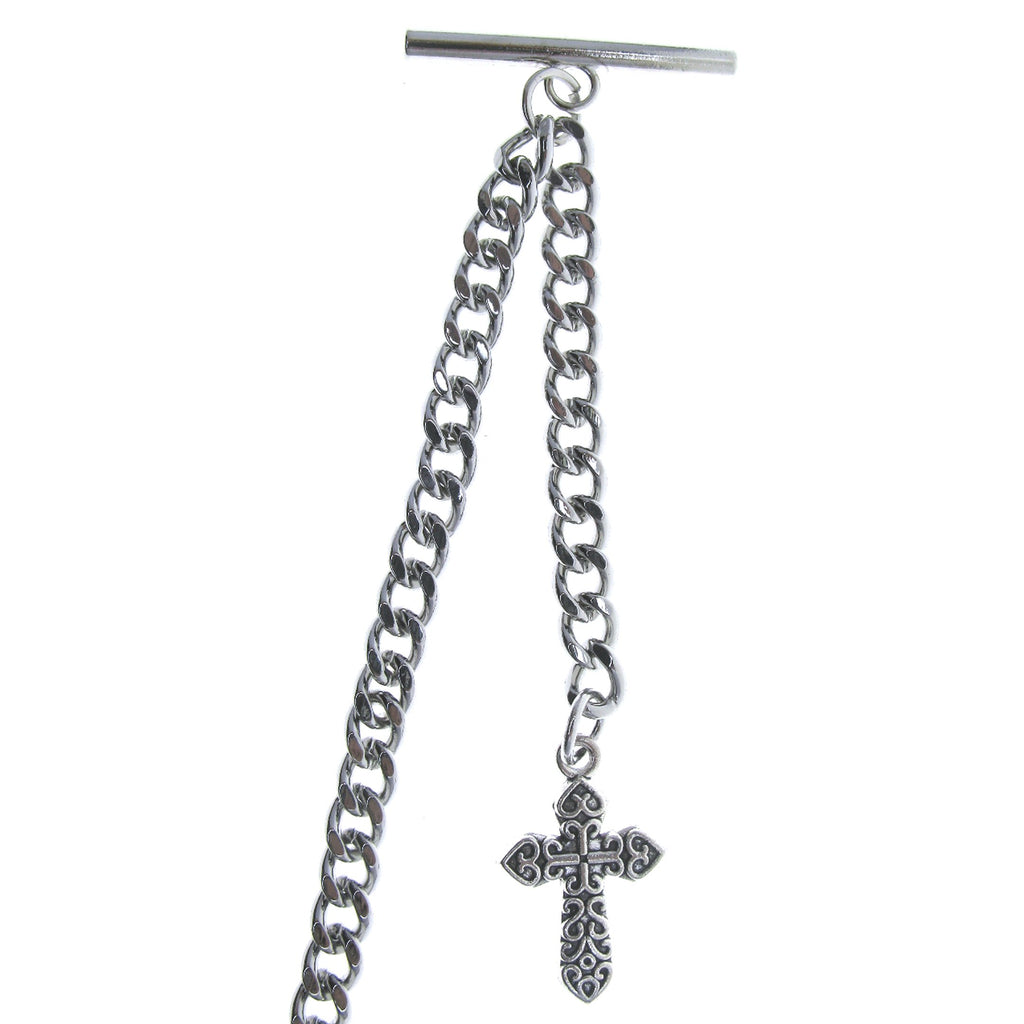 watchvshop Albert Chain Silver Color Pocket Watch Chain Fob Chain with Cross Design Medal Fob and T Bar Swivel Clasp AC219