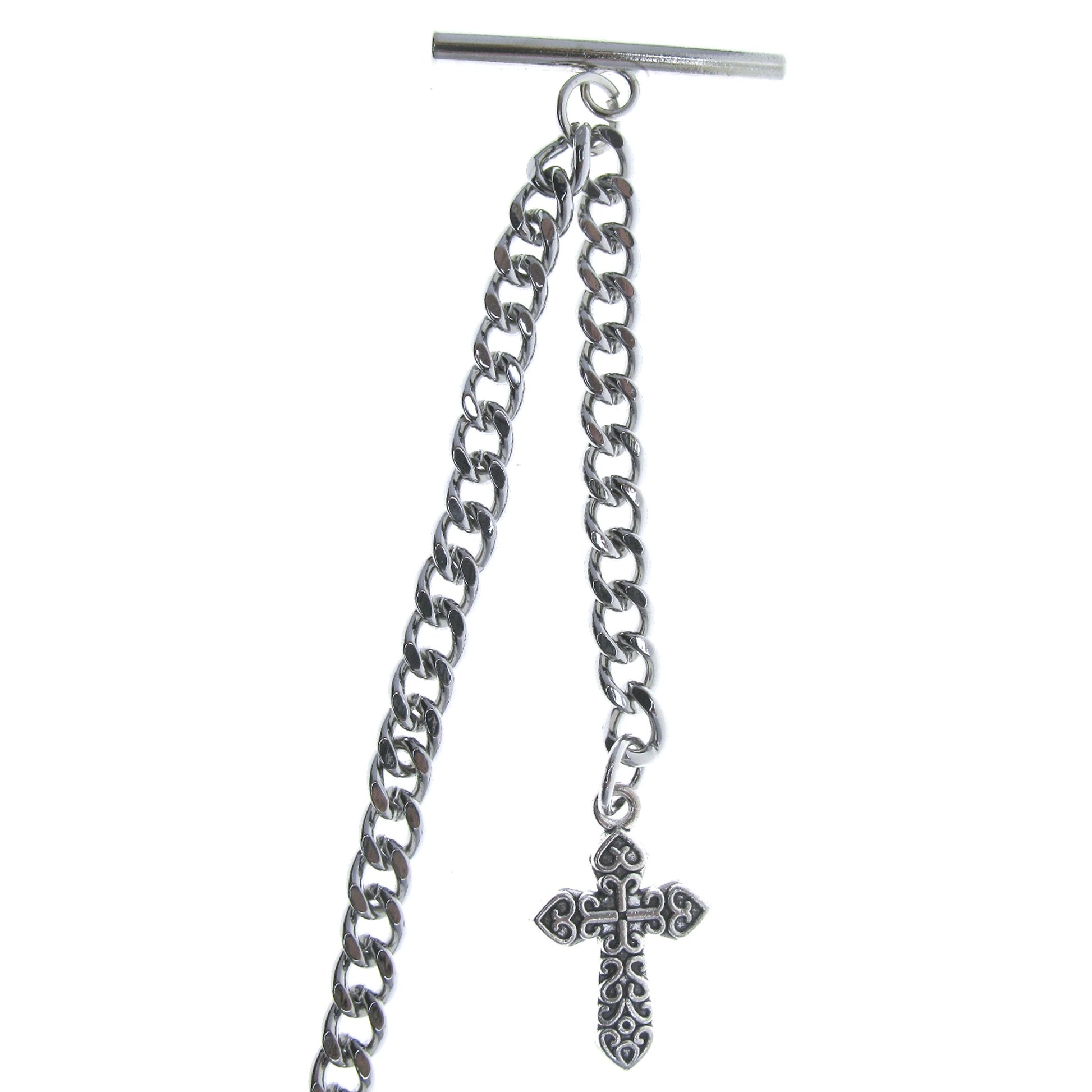 watchvshop Albert Chain Silver Color Pocket Watch Chain Fob Chain with Cross Design Medal Fob and T Bar Swivel Clasp AC219