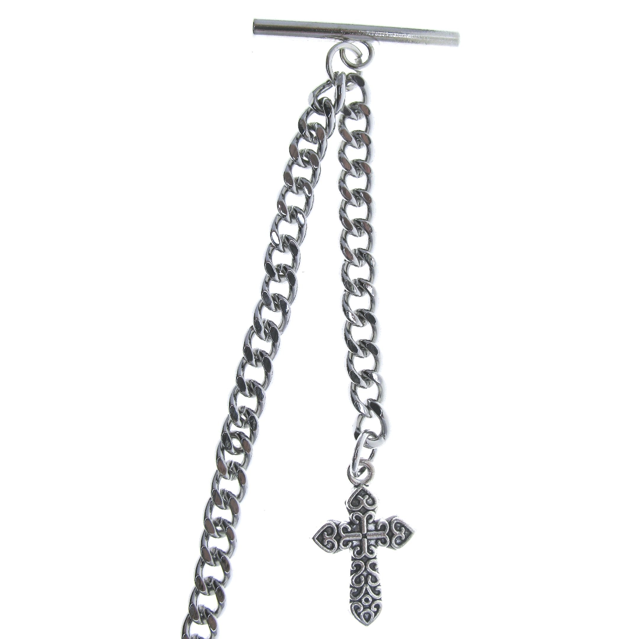 watchvshop Albert Chain Silver Color Pocket Watch Chain Fob Chain with Cross Design Medal Fob and T Bar Swivel Clasp AC219
