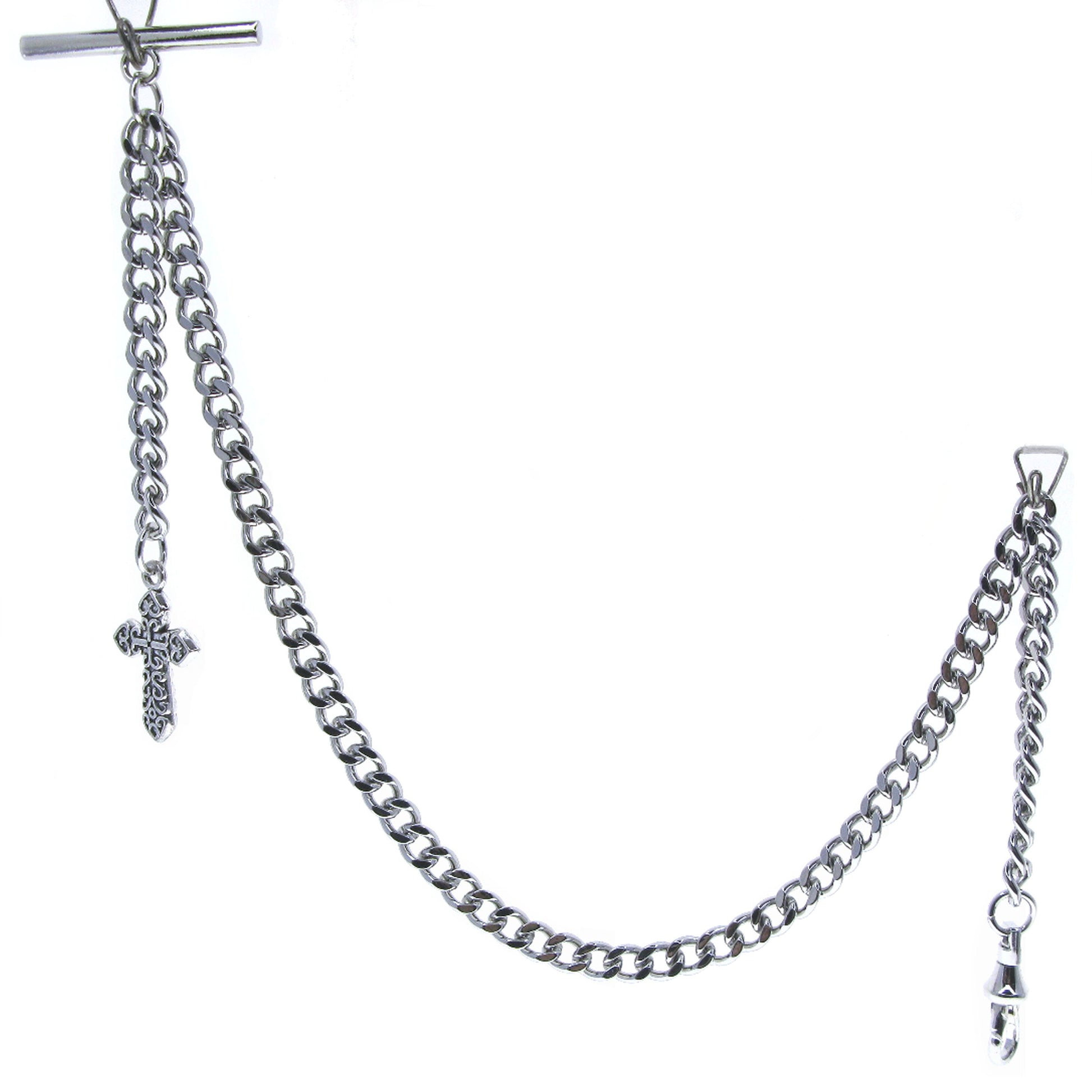 watchvshop Albert Chain Silver Color Pocket Watch Chain Fob Chain with Cross Design Medal Fob and T Bar Swivel Clasp AC219