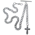 watchvshop Albert Chain Silver Color Pocket Watch Chain Fob Chain with Cross Design Medal Fob and T Bar Swivel Clasp AC219