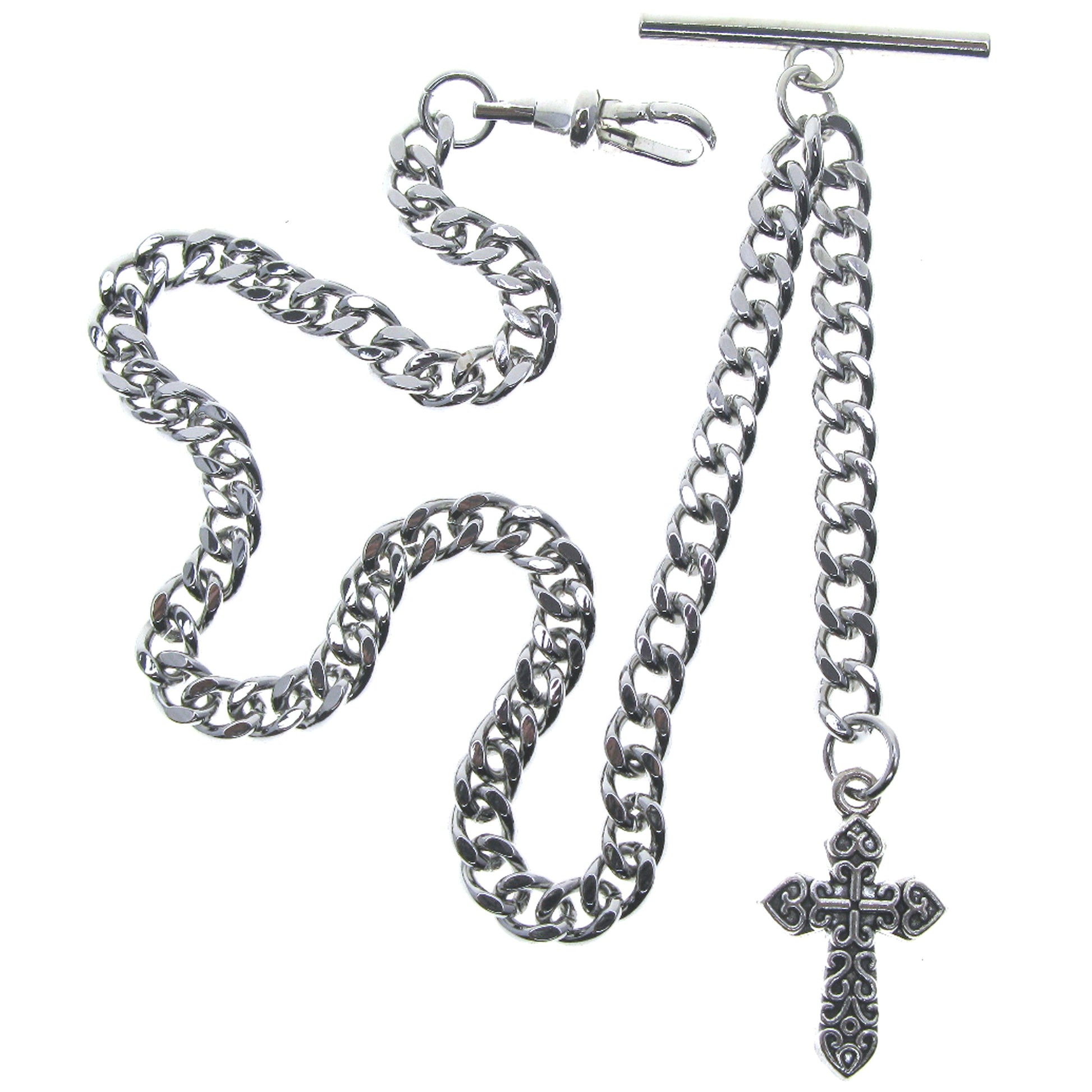 watchvshop Albert Chain Silver Color Pocket Watch Chain Fob Chain with Cross Design Medal Fob and T Bar Swivel Clasp AC219