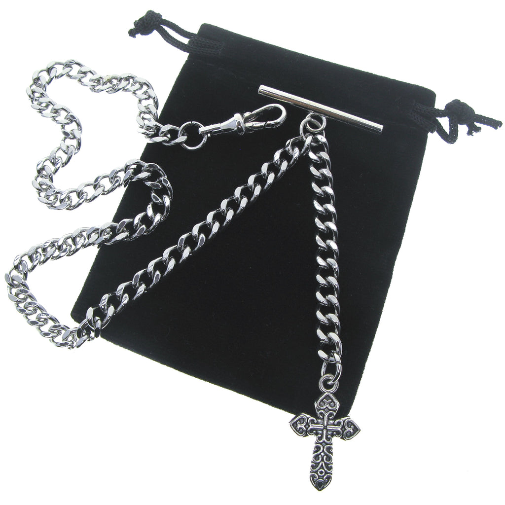 watchvshop Albert Chain Silver Color Pocket Watch Chain Fob Chain with Cross Design Medal Fob and T Bar Swivel Clasp AC219