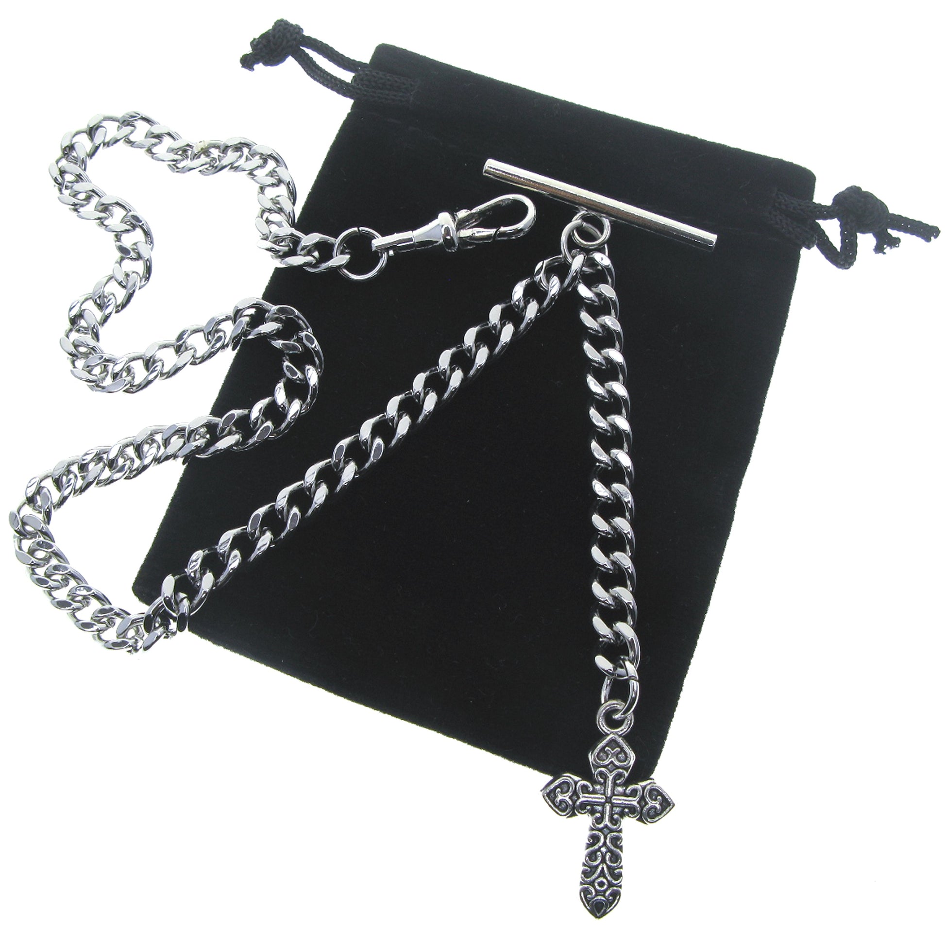 watchvshop Albert Chain Silver Color Pocket Watch Chain Fob Chain with Cross Design Medal Fob and T Bar Swivel Clasp AC219