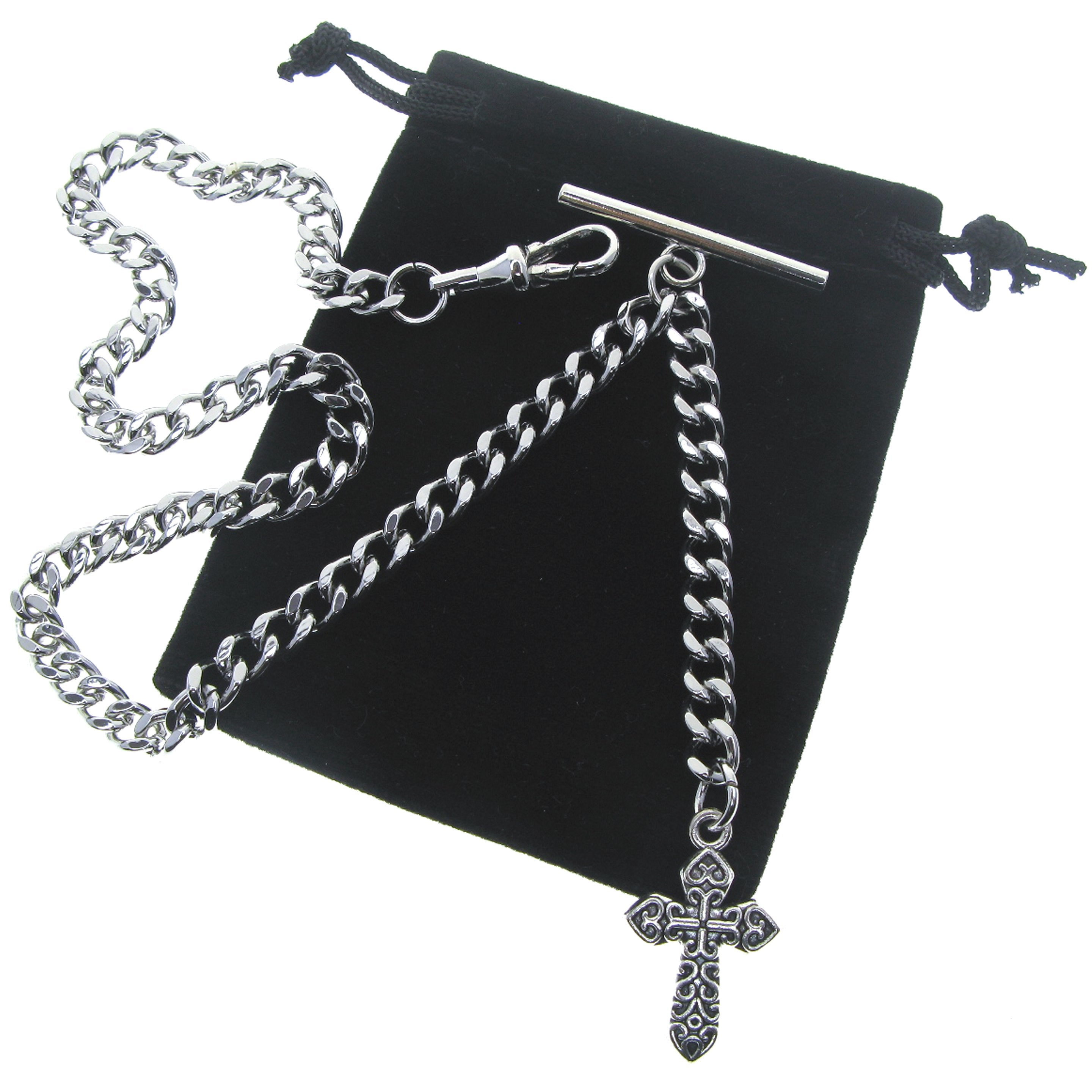 watchvshop Albert Chain Silver Color Pocket Watch Chain Fob Chain with Cross Design Medal Fob and T Bar Swivel Clasp AC219