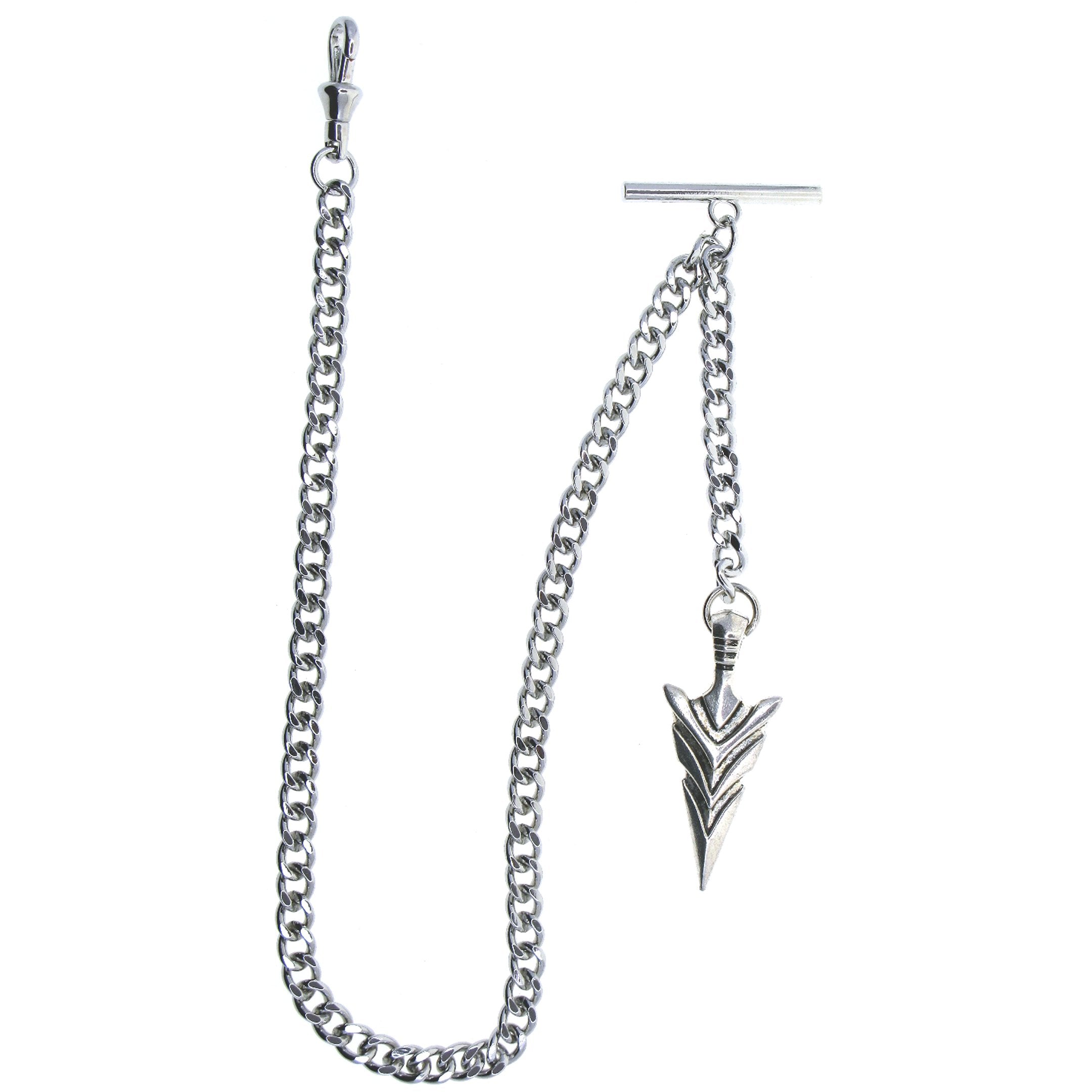 Albert Chain Silver Color Pocket Watch Chain Vest Chain for Men with Spear Point Arrowhead Fob T-Bar Swivel Clasp AC220