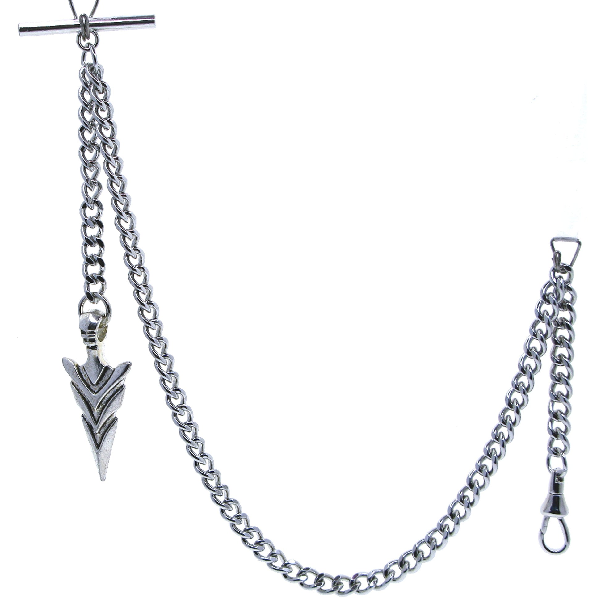 Albert Chain Silver Color Pocket Watch Chain Vest Chain for Men with Spear Point Arrowhead Fob T-Bar Swivel Clasp AC220