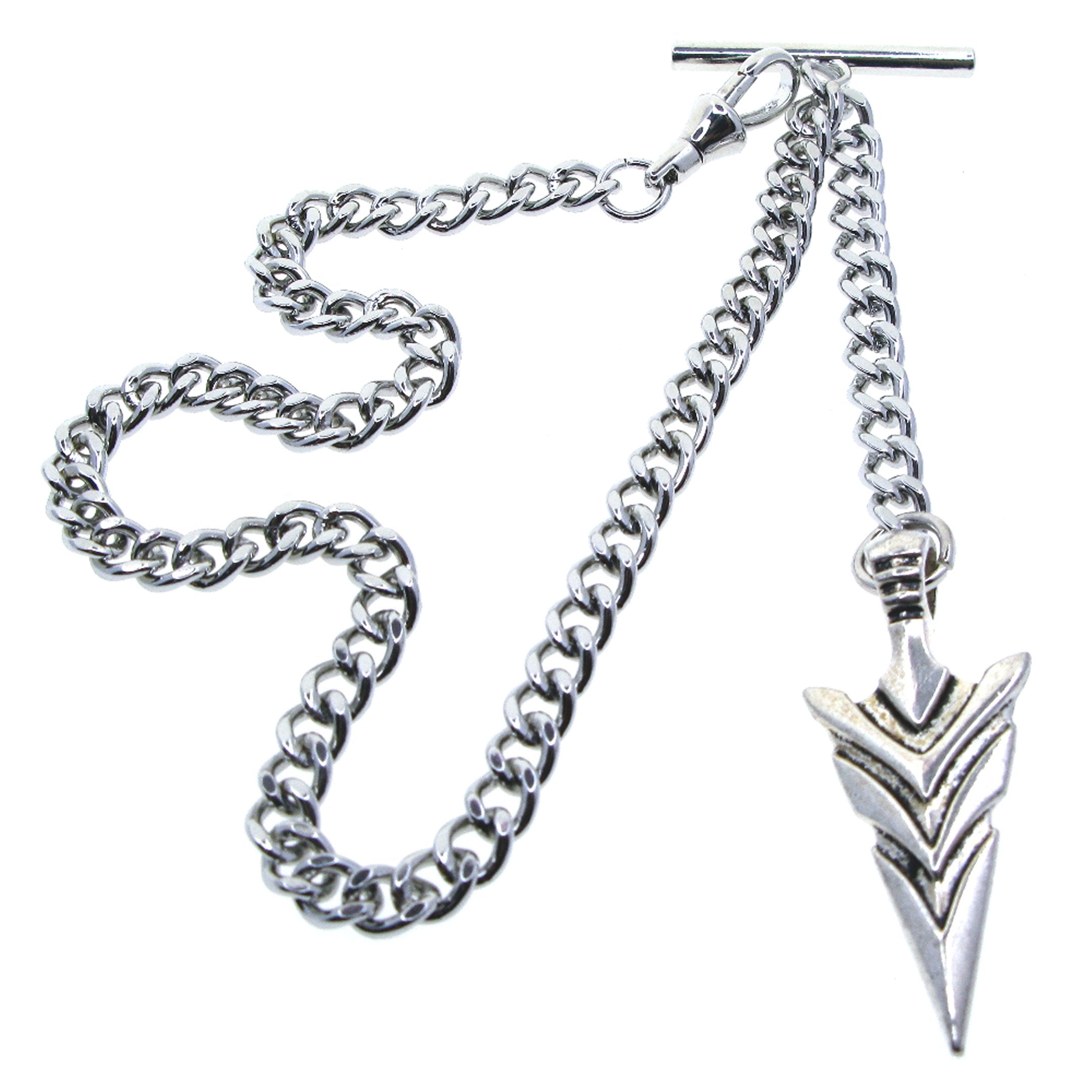 Albert Chain Silver Color Pocket Watch Chain Vest Chain for Men with Spear Point Arrowhead Fob T-Bar Swivel Clasp AC220
