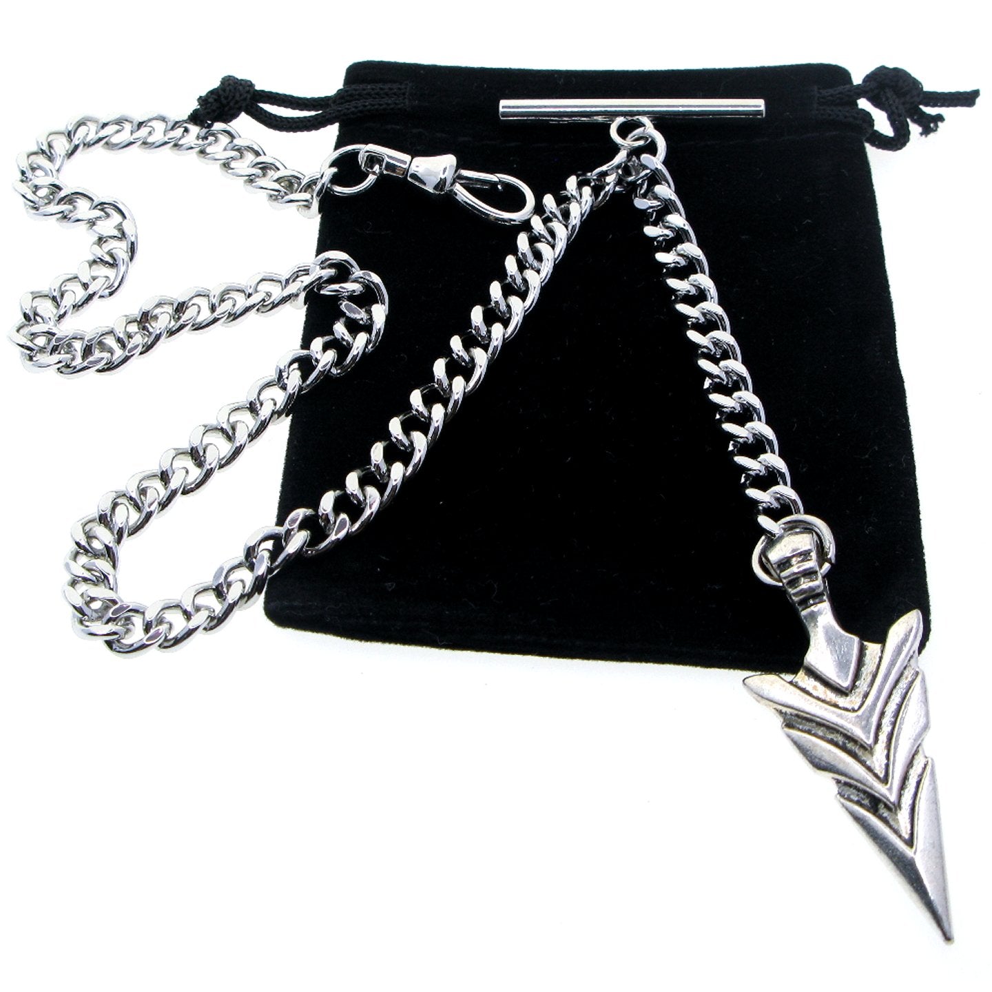 Albert Chain Silver Color Pocket Watch Chain Vest Chain for Men with Spear Point Arrowhead Fob T-Bar Swivel Clasp AC220