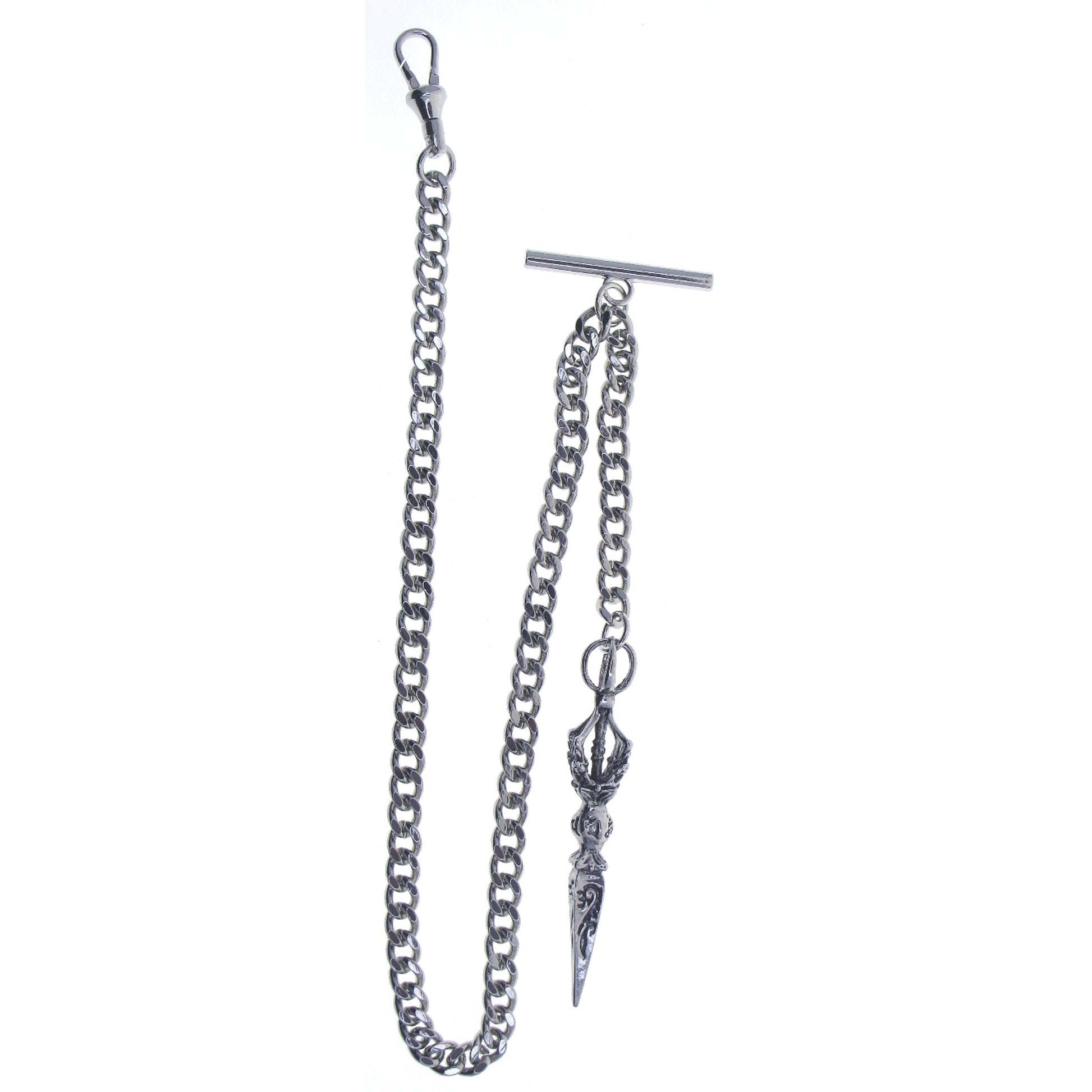 Albert Chain Silver Tone Pocket Watch Chain Vest Chain with Big Ancient Phurba Design Fob on Drop T Bar Swivel Clip AC222