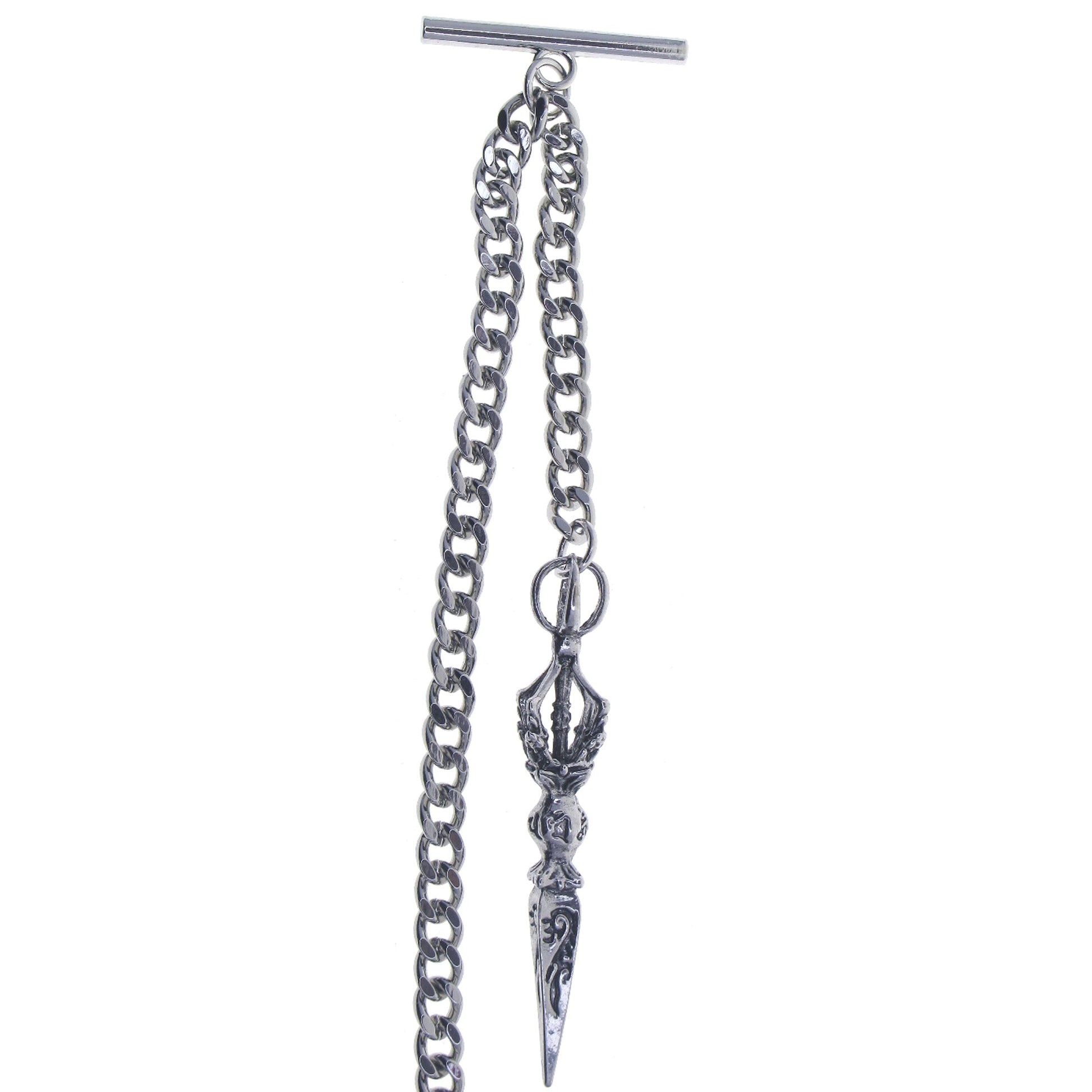 Albert Chain Silver Tone Pocket Watch Chain Vest Chain with Big Ancient Phurba Design Fob on Drop T Bar Swivel Clip AC222