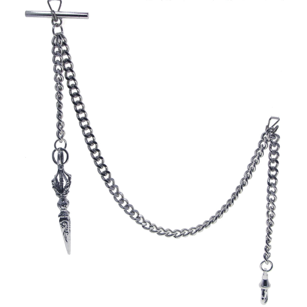 Albert Chain Silver Tone Pocket Watch Chain Vest Chain with Big Ancient Phurba Design Fob on Drop T Bar Swivel Clip AC222