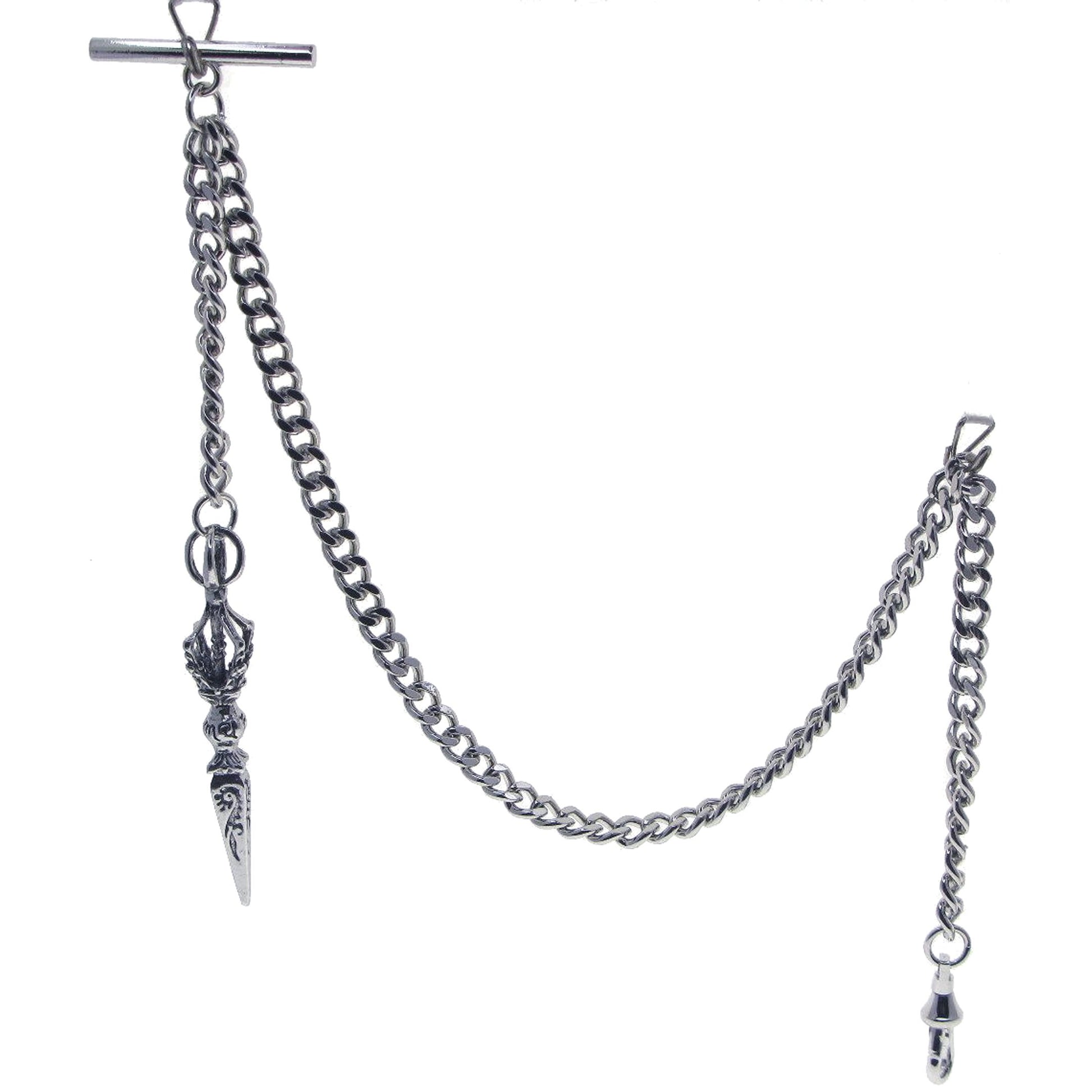 Albert Chain Silver Tone Pocket Watch Chain Vest Chain with Big Ancient Phurba Design Fob on Drop T Bar Swivel Clip AC222
