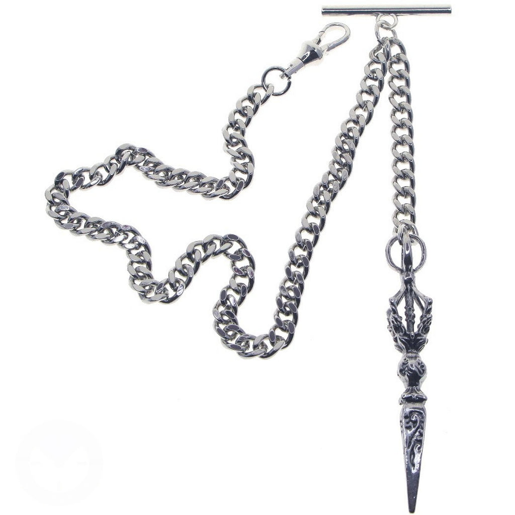 Albert Chain Silver Tone Pocket Watch Chain Vest Chain with Big Ancient Phurba Design Fob on Drop T Bar Swivel Clip AC222