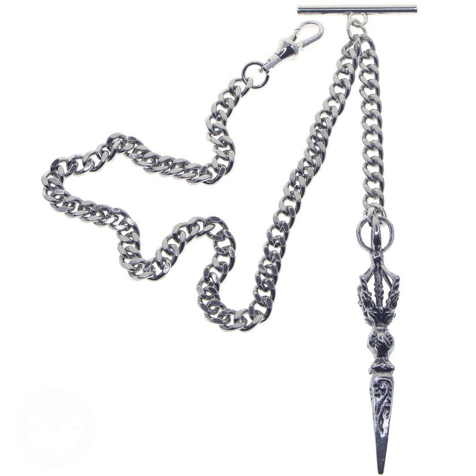 Albert Chain Silver Tone Pocket Watch Chain Vest Chain with Big Ancient Phurba Design Fob on Drop T Bar Swivel Clip AC222