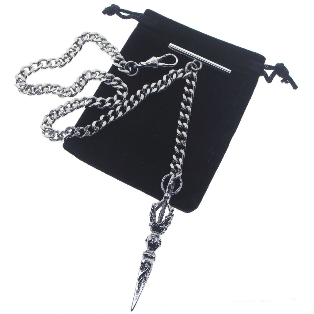Albert Chain Silver Tone Pocket Watch Chain Vest Chain with Big Ancient Phurba Design Fob on Drop T Bar Swivel Clip AC222