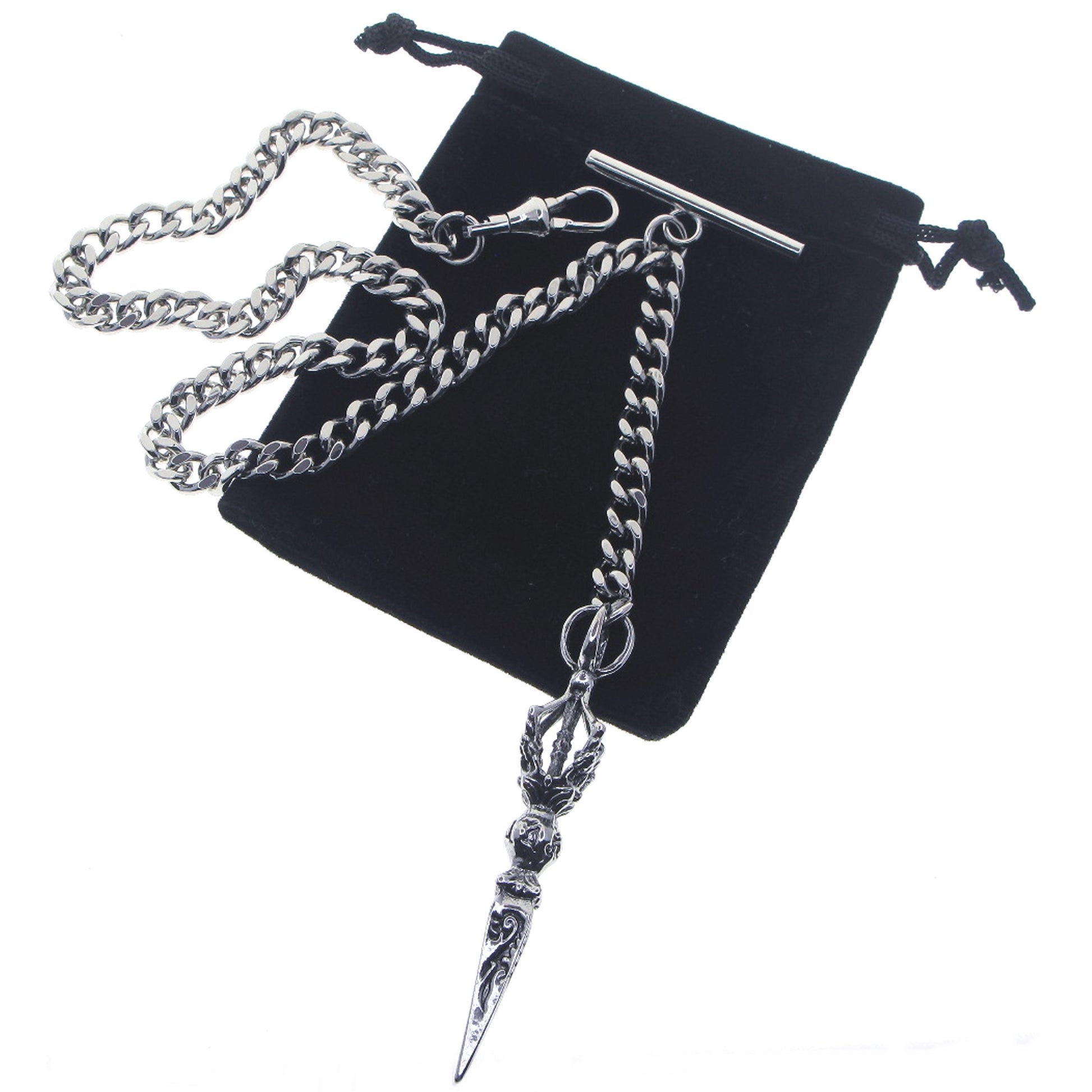 Albert Chain Silver Tone Pocket Watch Chain Vest Chain with Big Ancient Phurba Design Fob on Drop T Bar Swivel Clip AC222
