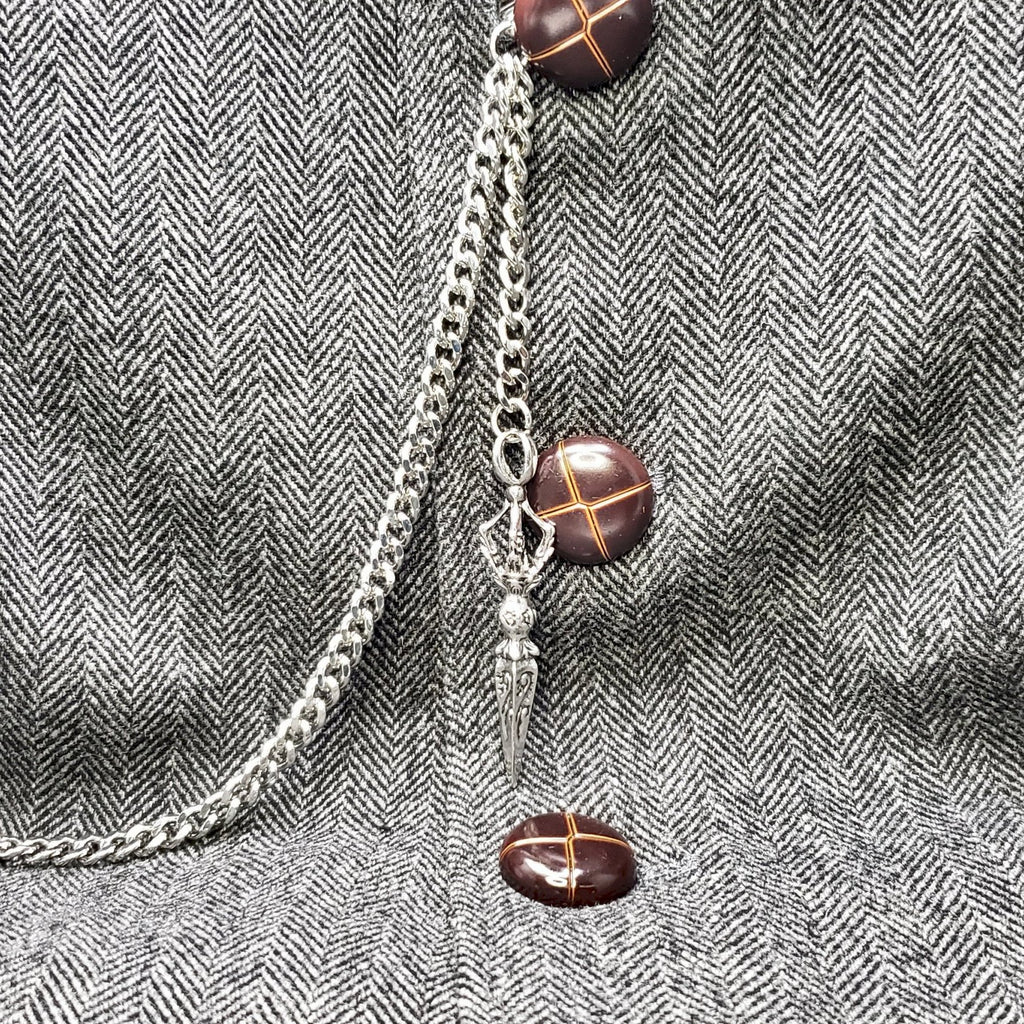 Albert Chain Silver Tone Pocket Watch Chain Vest Chain with Big Ancient Phurba Design Fob on Drop T Bar Swivel Clip AC222