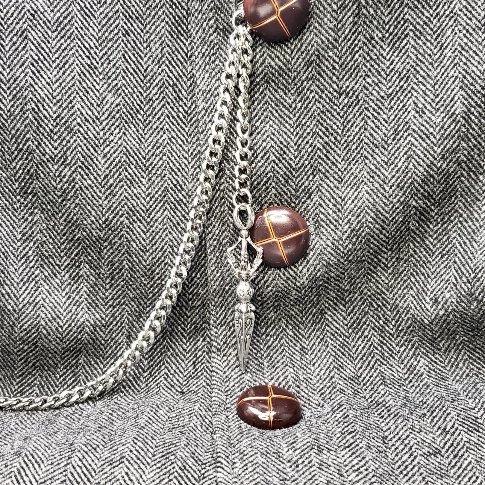 Albert Chain Silver Tone Pocket Watch Chain Vest Chain with Big Ancient Phurba Design Fob on Drop T Bar Swivel Clip AC222