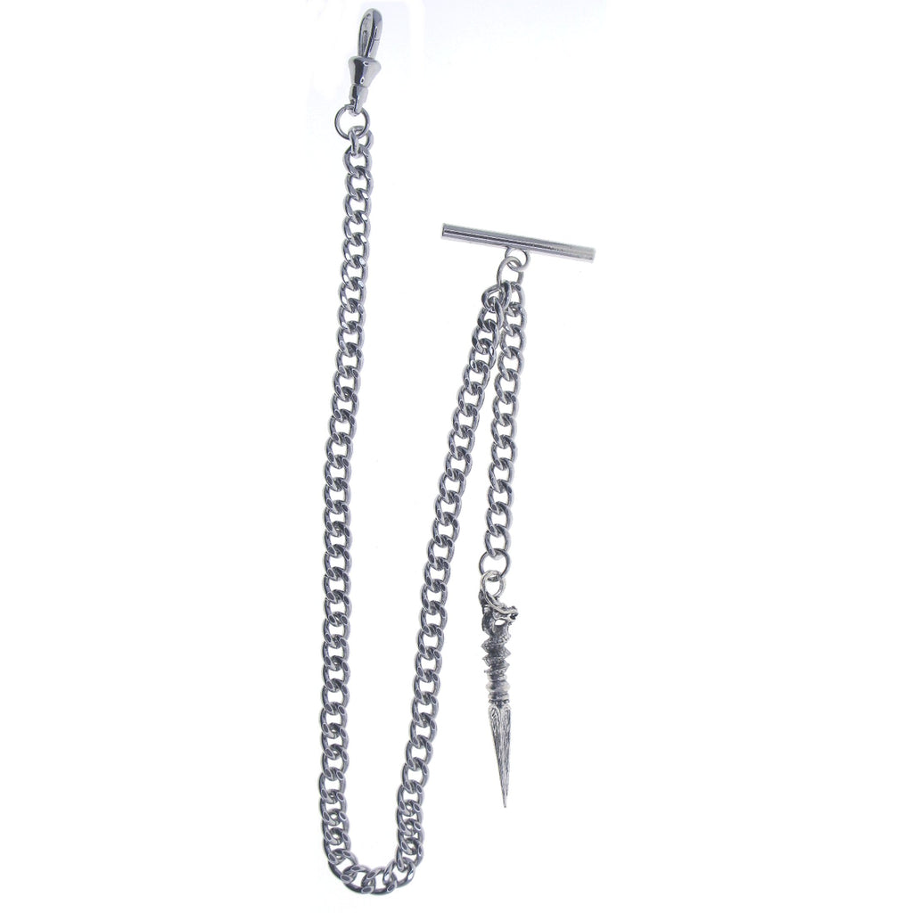 Albert Chain Silver Tone Pocket Watch Chain Vest Chain with Ancient Phurba Design Fob on Drop T Bar Swivel Clip AC223