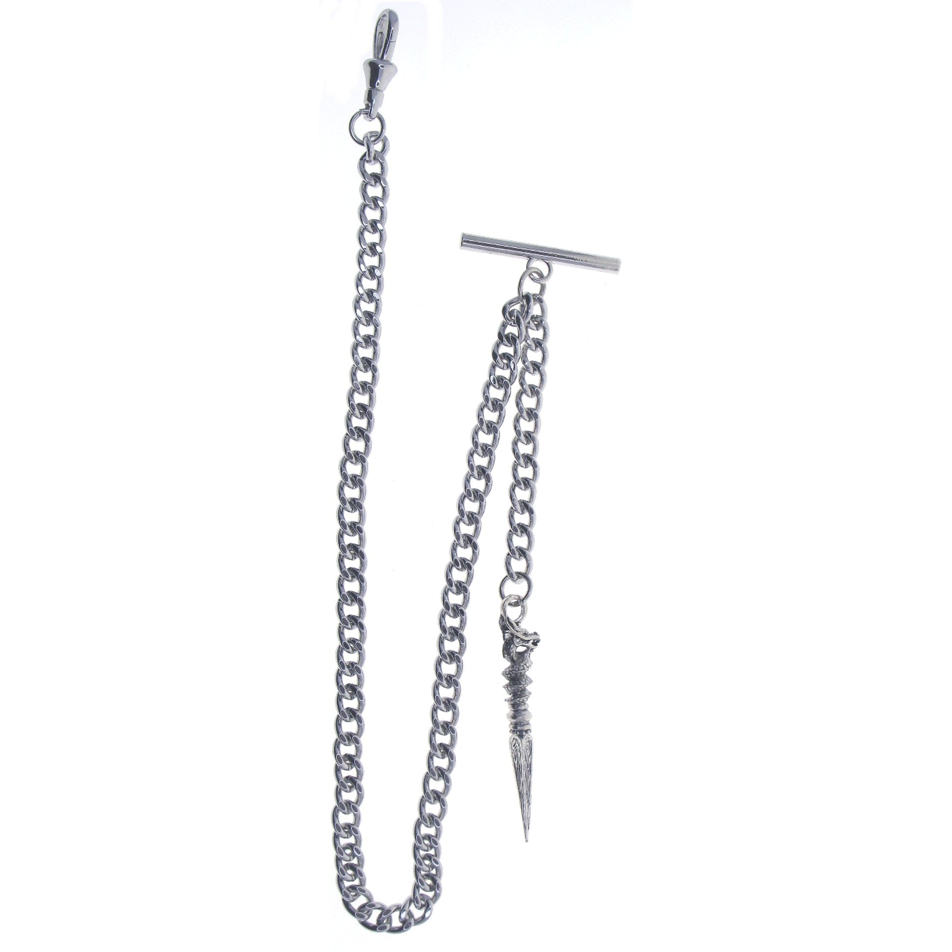 Albert Chain Silver Tone Pocket Watch Chain Vest Chain with Ancient Phurba Design Fob on Drop T Bar Swivel Clip AC223