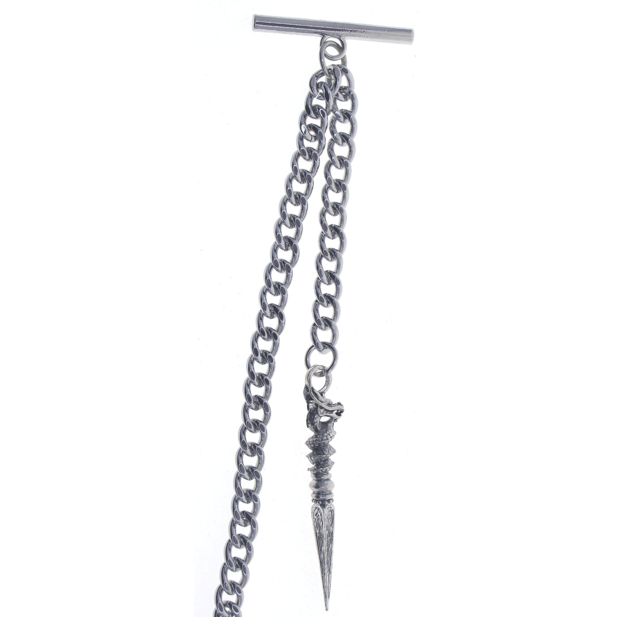 Albert Chain Silver Tone Pocket Watch Chain Vest Chain with Ancient Phurba Design Fob on Drop T Bar Swivel Clip AC223