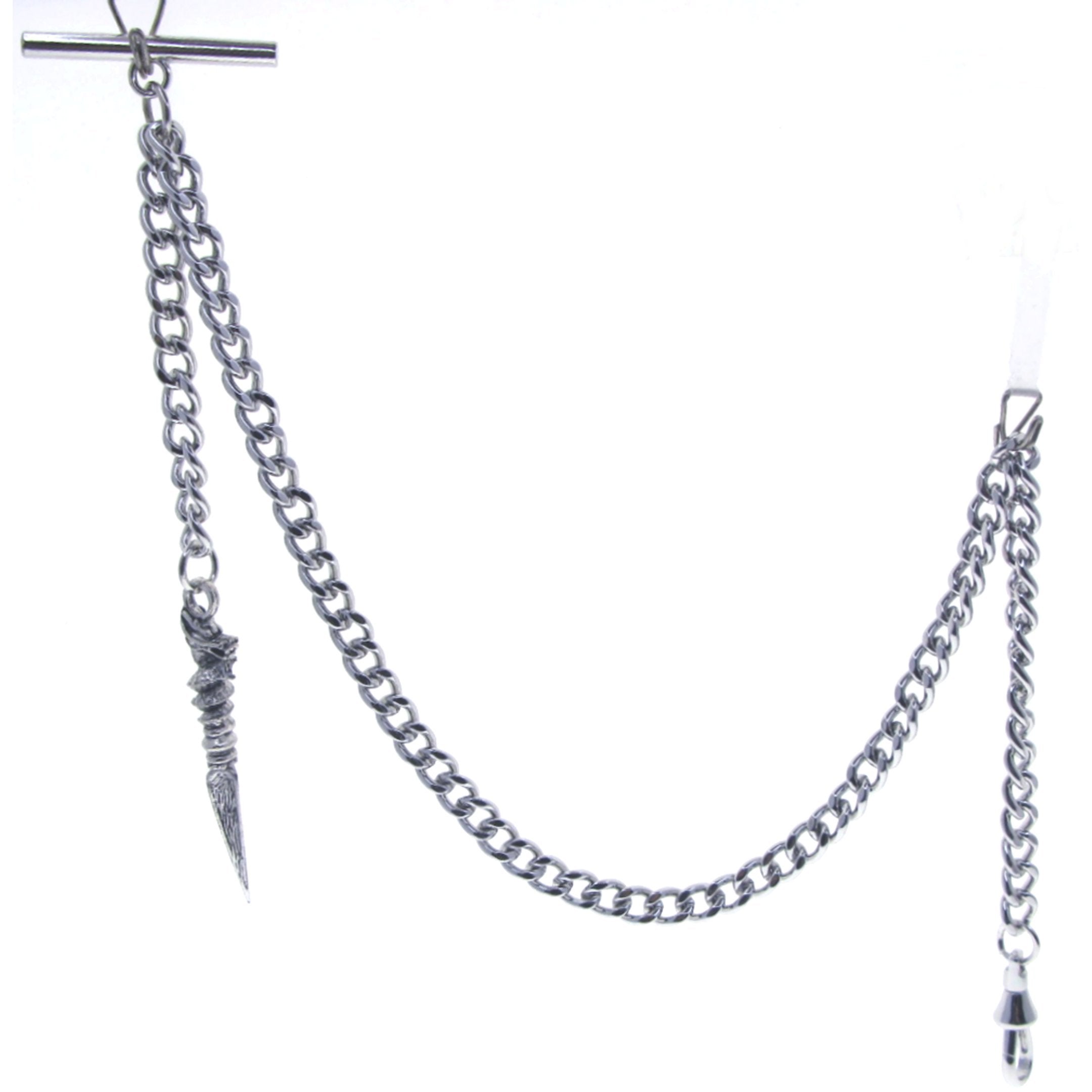 Albert Chain Silver Tone Pocket Watch Chain Vest Chain with Ancient Phurba Design Fob on Drop T Bar Swivel Clip AC223