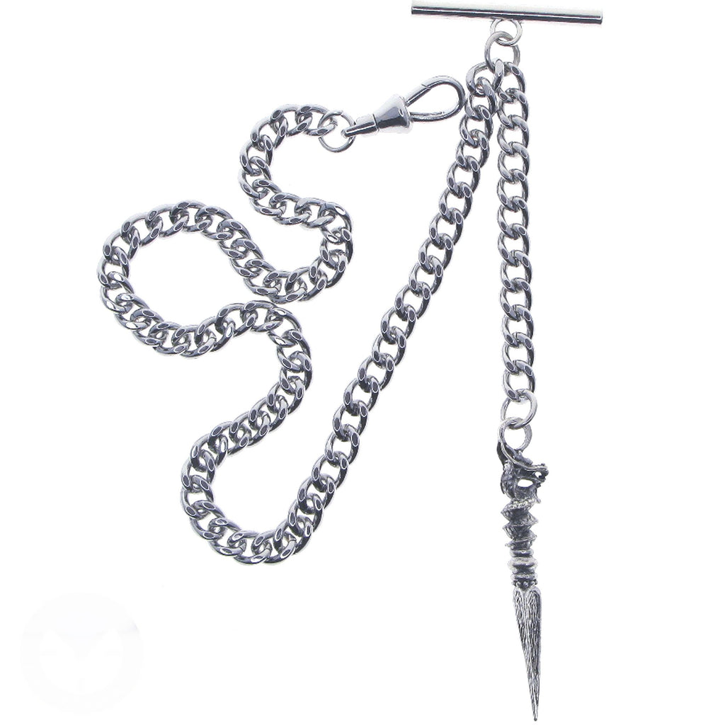 Albert Chain Silver Tone Pocket Watch Chain Vest Chain with Ancient Phurba Design Fob on Drop T Bar Swivel Clip AC223