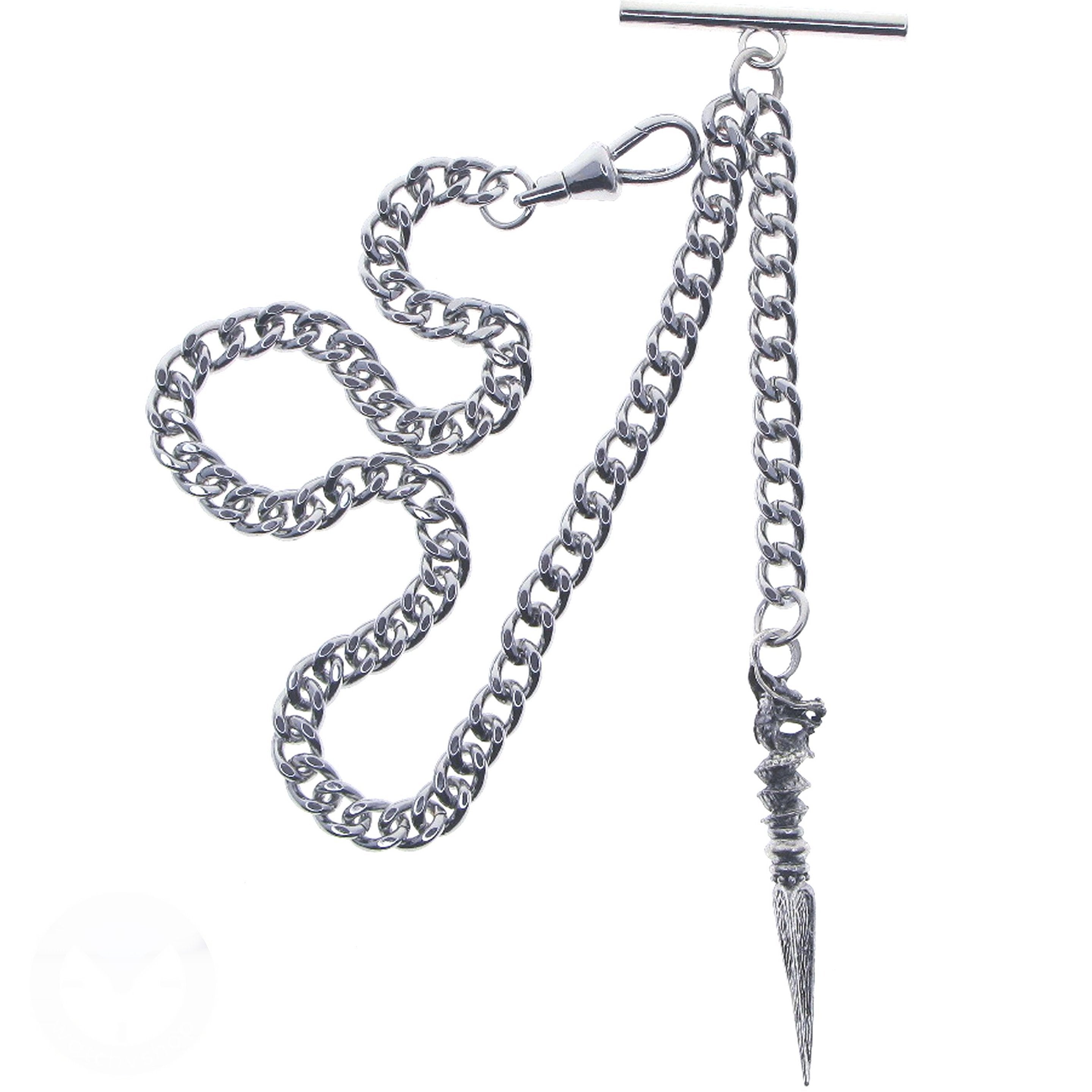 Albert Chain Silver Tone Pocket Watch Chain Vest Chain with Ancient Phurba Design Fob on Drop T Bar Swivel Clip AC223