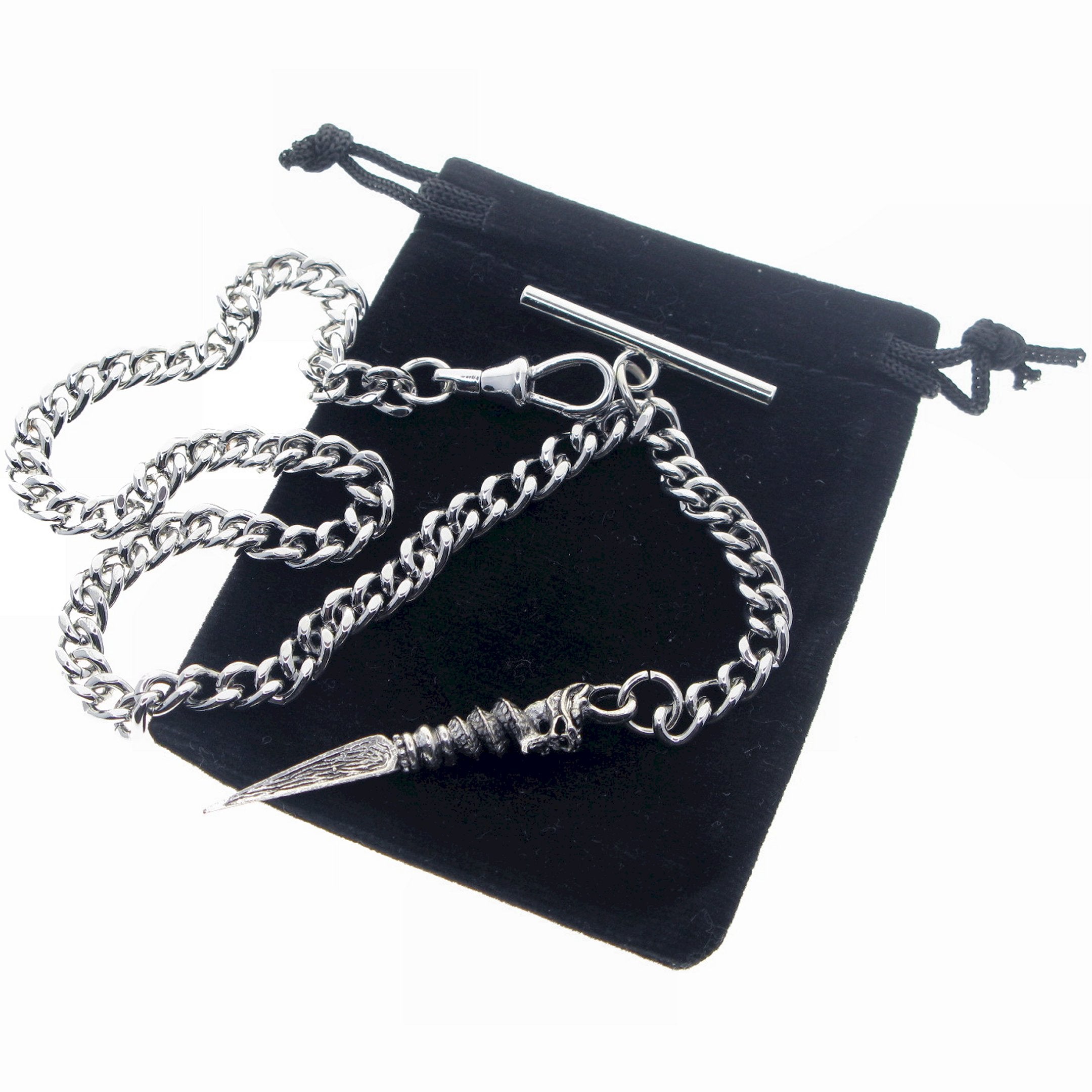 Albert Chain Silver Tone Pocket Watch Chain Vest Chain with Ancient Phurba Design Fob on Drop T Bar Swivel Clip AC223