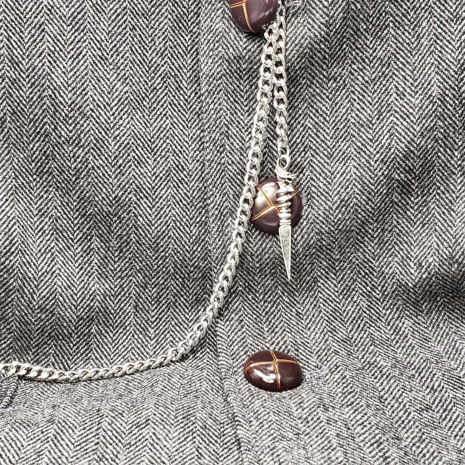 Albert Chain Silver Tone Pocket Watch Chain Vest Chain with Ancient Phurba Design Fob on Drop T Bar Swivel Clip AC223