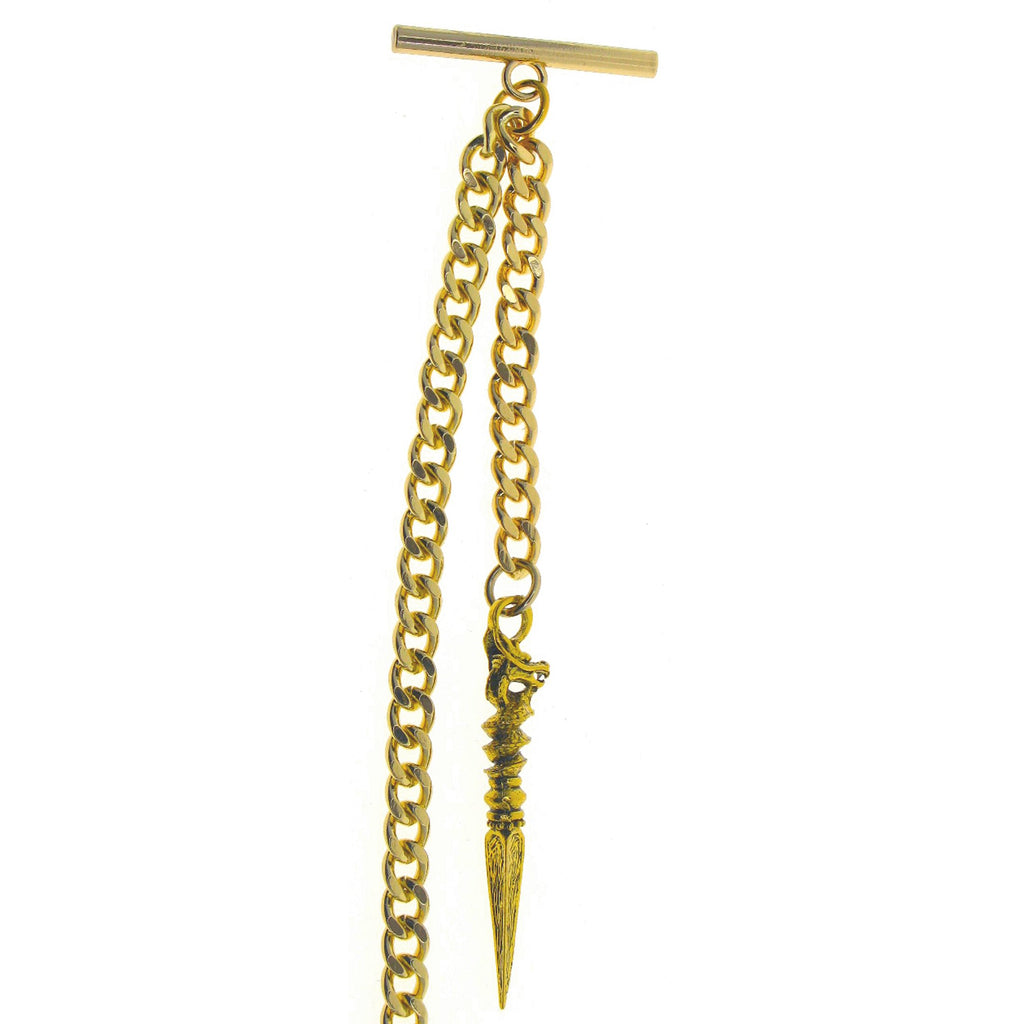 Albert Chain Gold Tone Fine Polish Pocket Watch Chain Vest Chain for Men with Ancient Phurba Design Fob T-Bar Swivel Clasp AC224