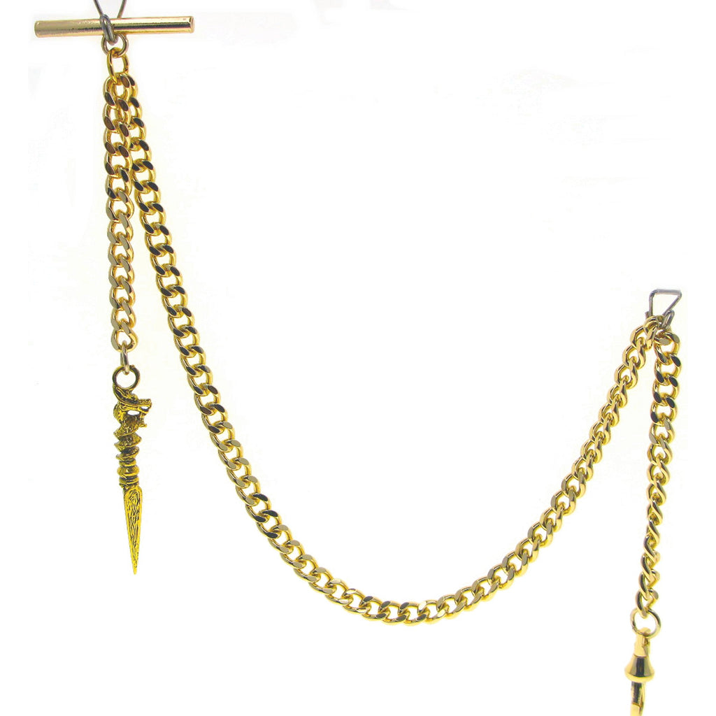 Albert Chain Gold Tone Fine Polish Pocket Watch Chain Vest Chain for Men with Ancient Phurba Design Fob T-Bar Swivel Clasp AC224