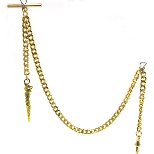 Albert Chain Gold Tone Fine Polish Pocket Watch Chain Vest Chain for Men with Ancient Phurba Design Fob T-Bar Swivel Clasp AC224