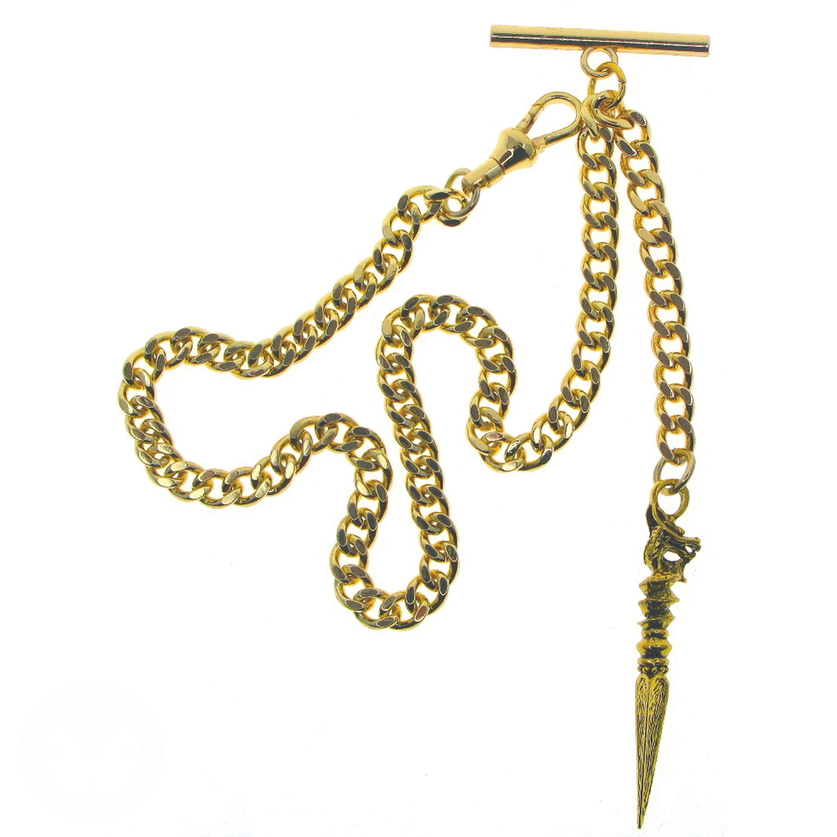 Albert Chain Gold Tone Fine Polish Pocket Watch Chain Vest Chain for Men with Ancient Phurba Design Fob T-Bar Swivel Clasp AC224