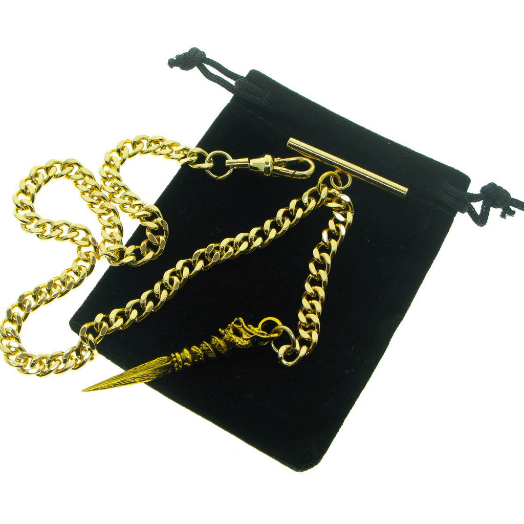 Albert Chain Gold Tone Fine Polish Pocket Watch Chain Vest Chain for Men with Ancient Phurba Design Fob T-Bar Swivel Clasp AC224
