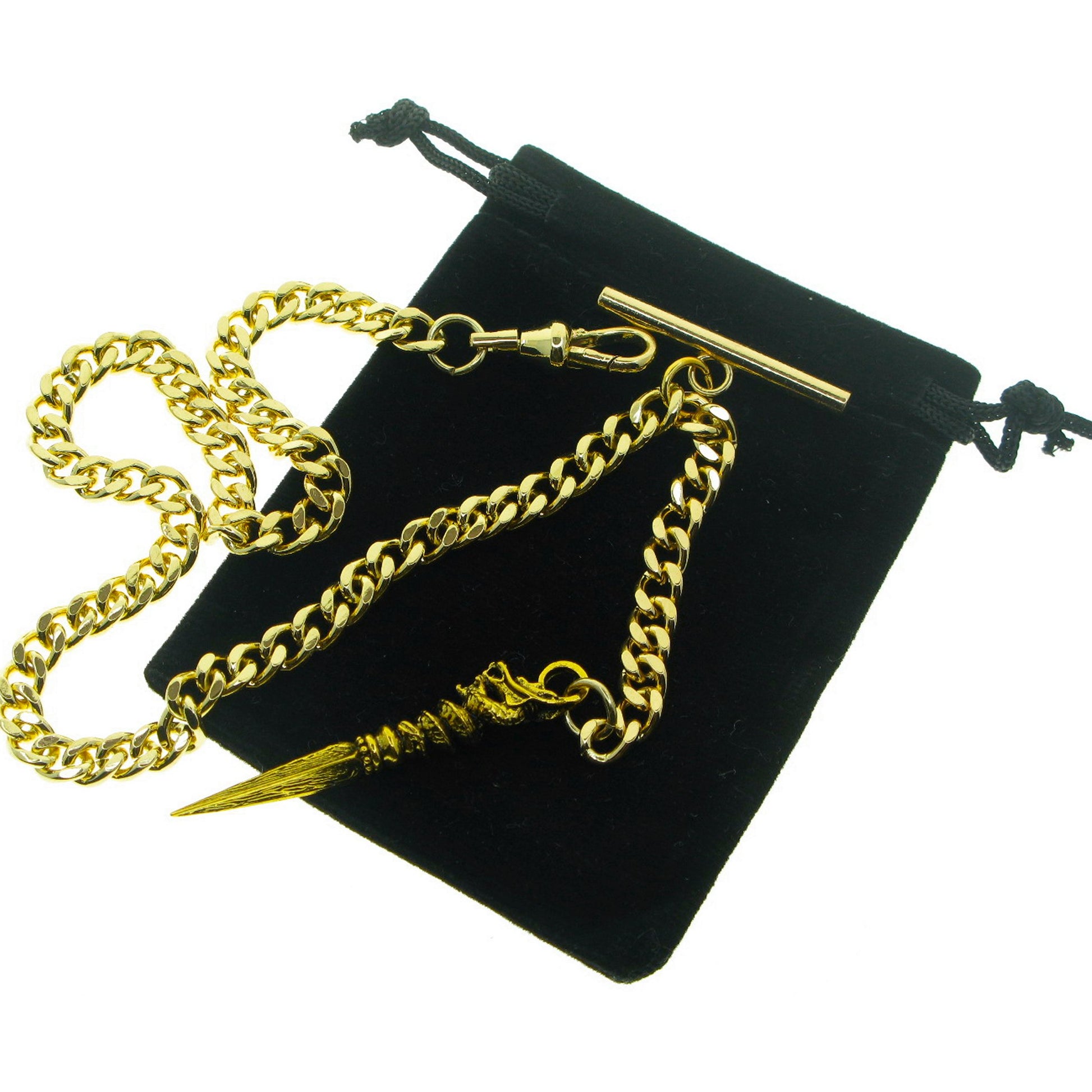 Albert Chain Gold Tone Fine Polish Pocket Watch Chain Vest Chain for Men with Ancient Phurba Design Fob T-Bar Swivel Clasp AC224